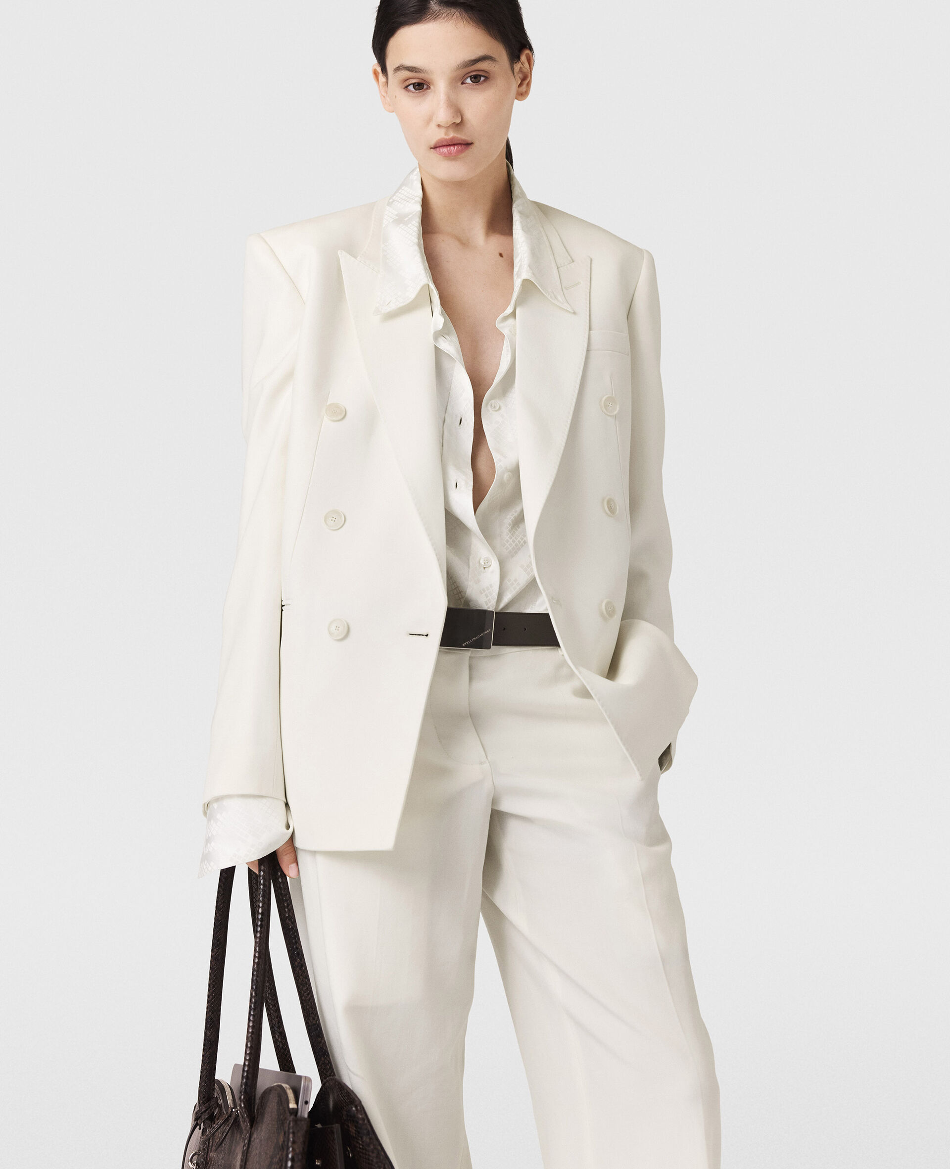 Double-Breasted Tuxedo Blazer-White-model