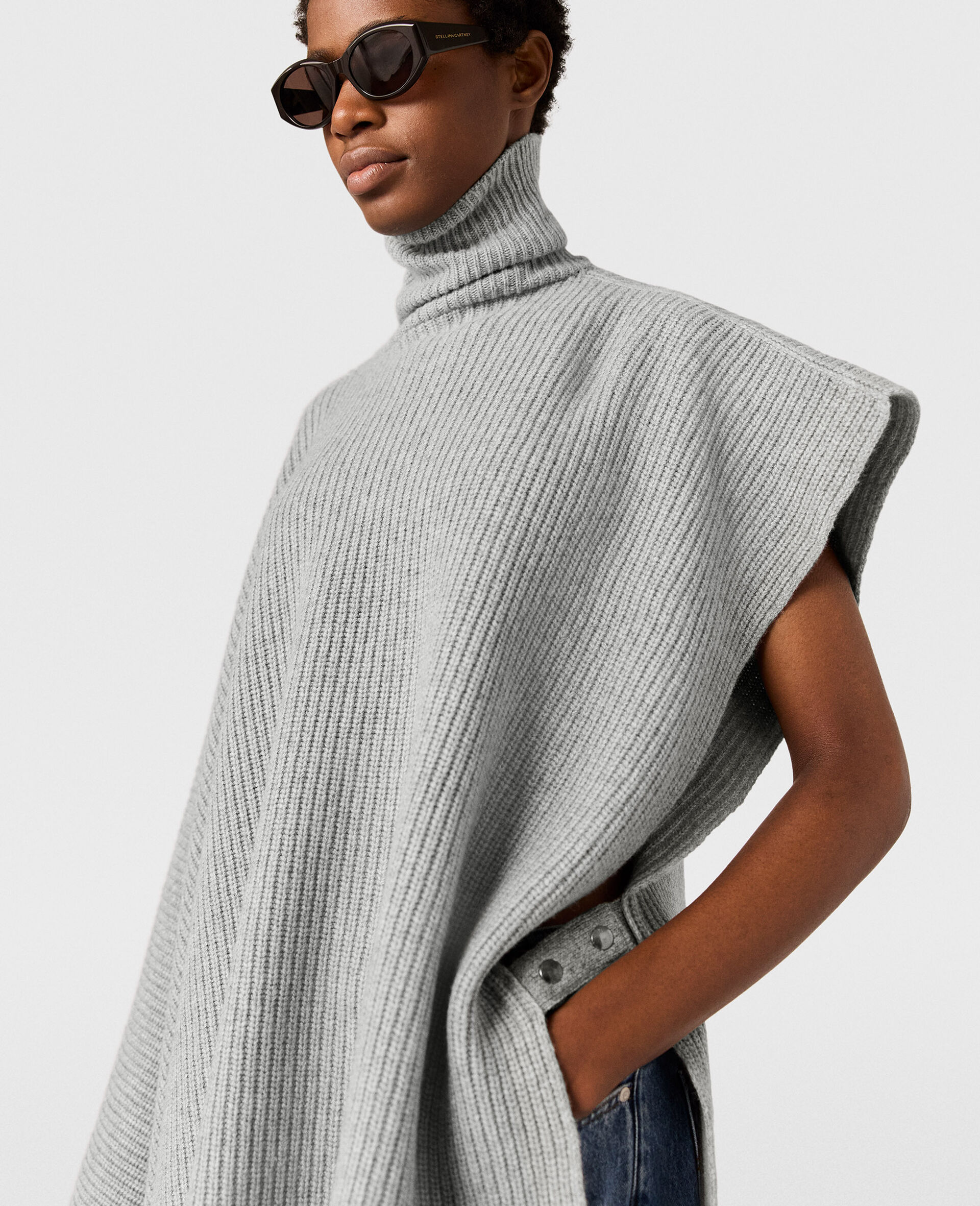 Knit Asymmetric Turtleneck Poncho-Grey-large Knit Asymmetric Turtleneck Poncho-Grey-large image number 3