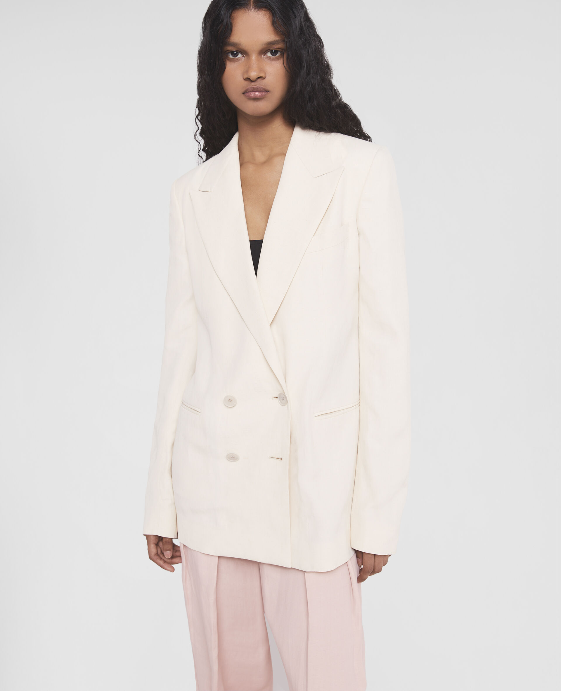 Fluid Linen Double-Breasted Blazer-Beige-large image number 3