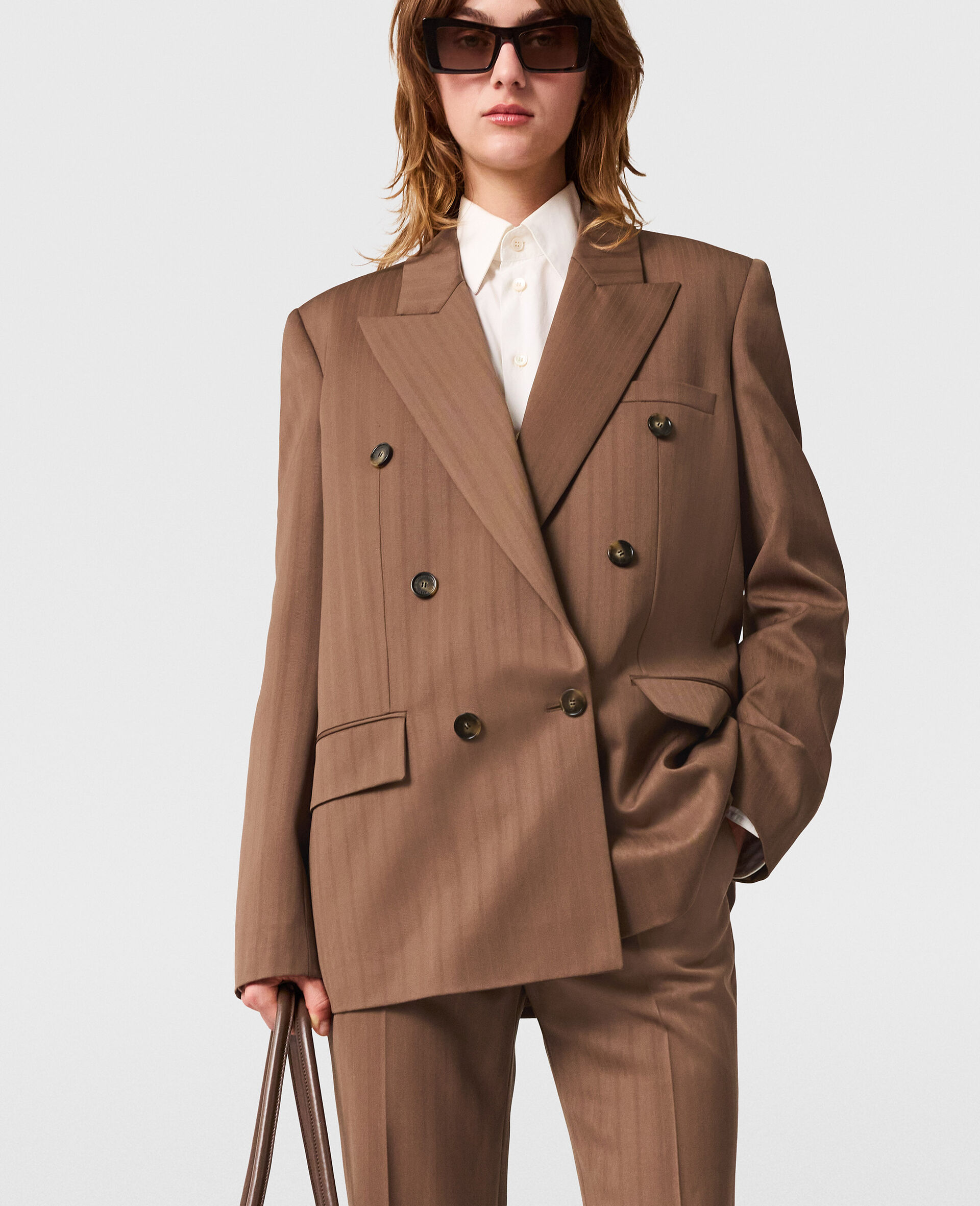 Blazer Doppiopetto Oversize Motivo Gessato-Marrone-medium