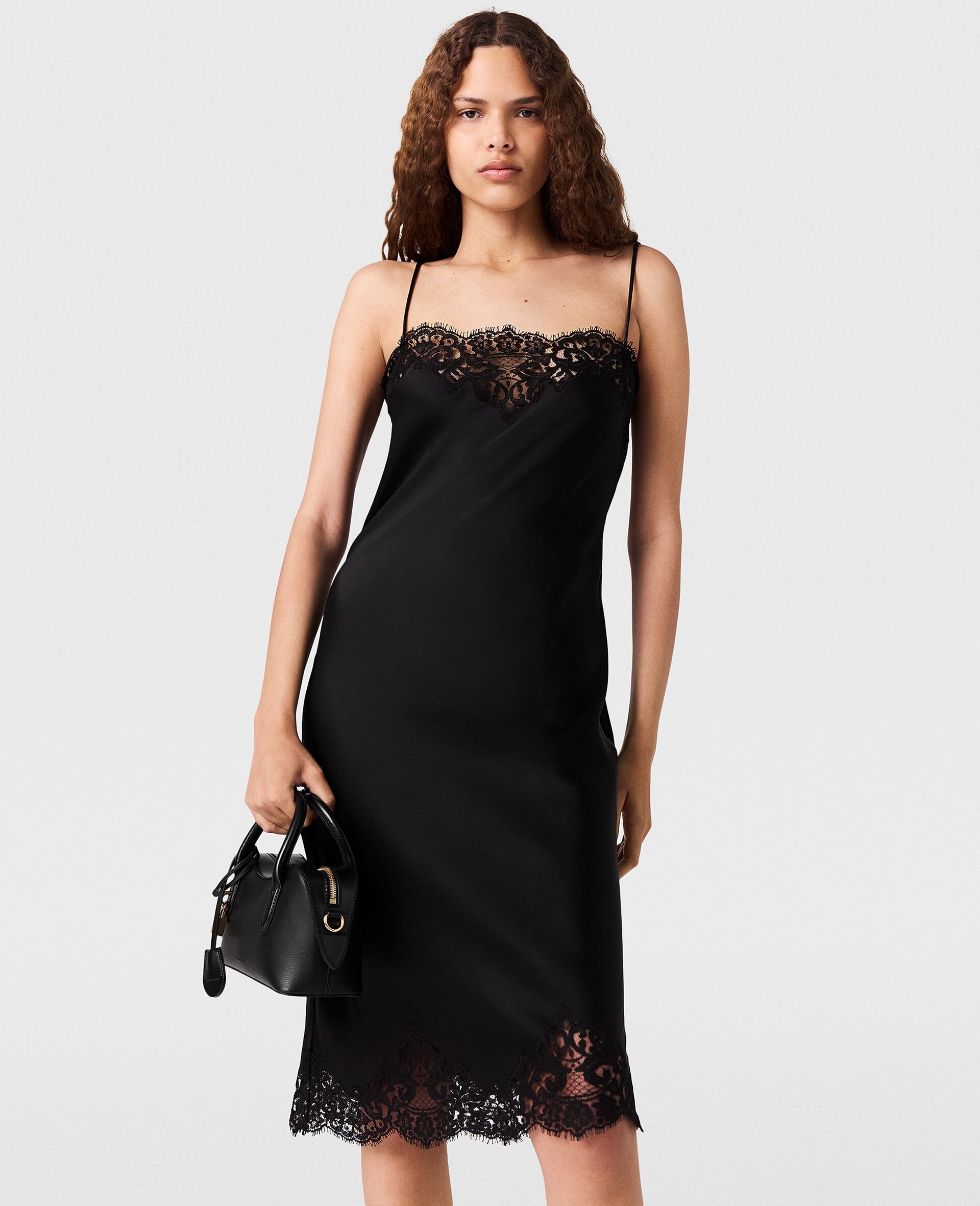Robe midi sans manches en dentelle et satin-Noir-model Robe midi sans manches en dentelle et satin-Noir-model