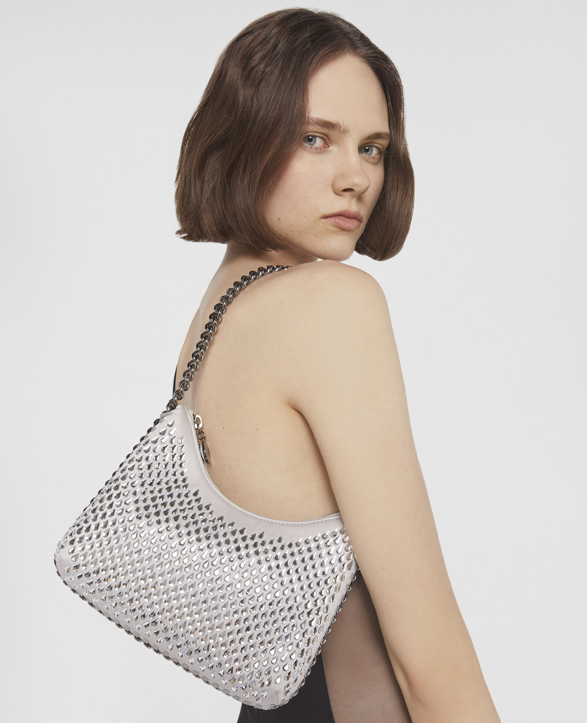 Falabella Crystal Mesh Mini Zipped Shoulder Bag-Grey-model