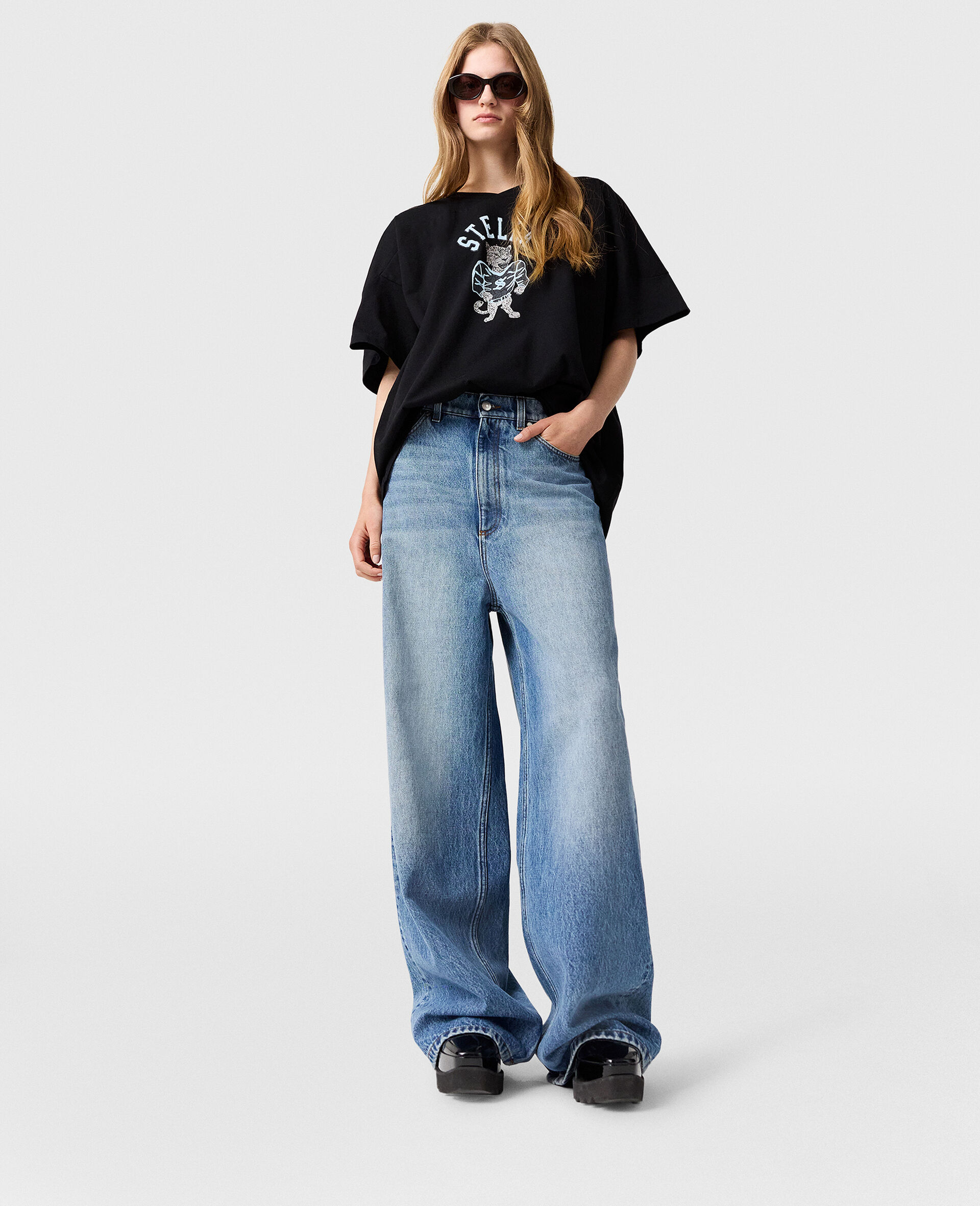 Faded Wide-Leg High-Rise Denim  Jeans-Blue-medium
