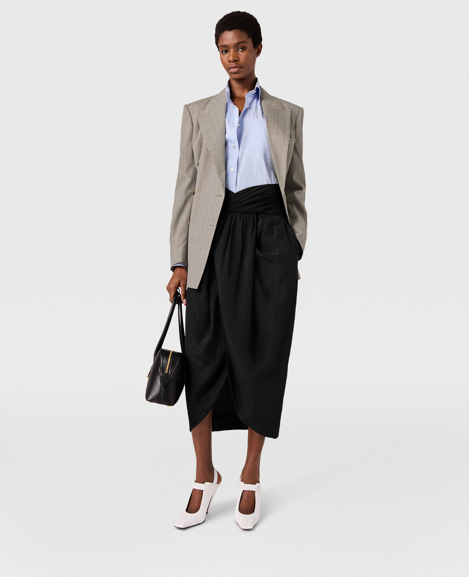 Jupe midi portefeuille froncee-Cream-model