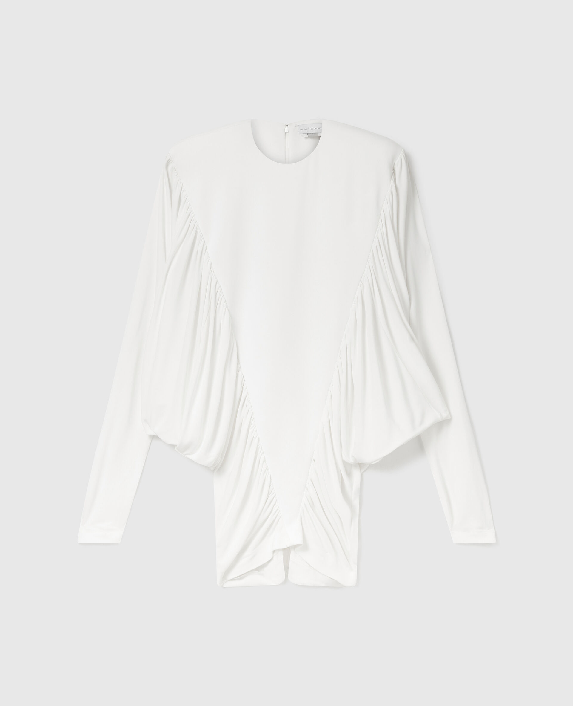 Pleated Crewneck Long-Sleeve Mini Dress-White-medium