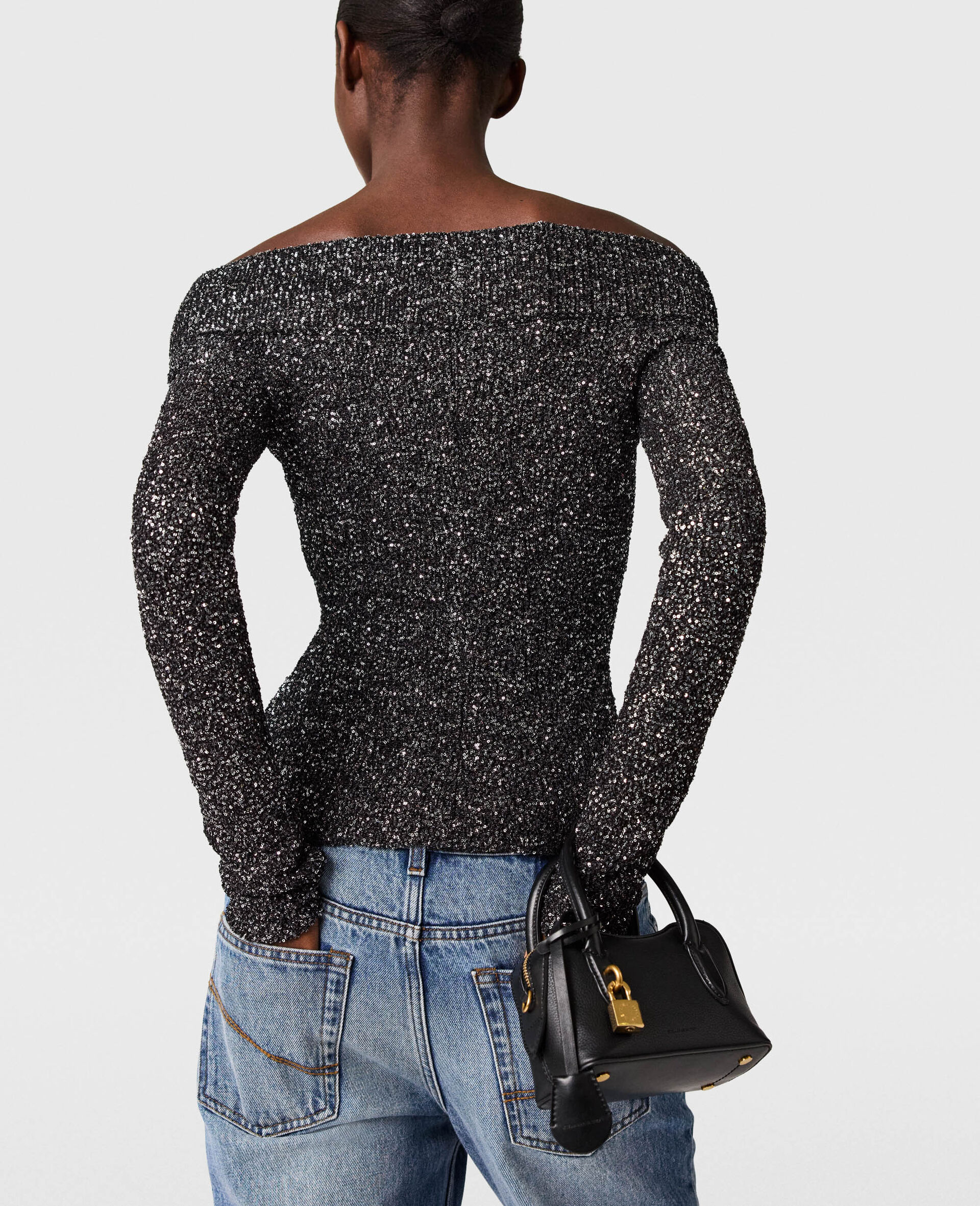 Sequin Off-Shoulder  Jumper-Black-large image number 4