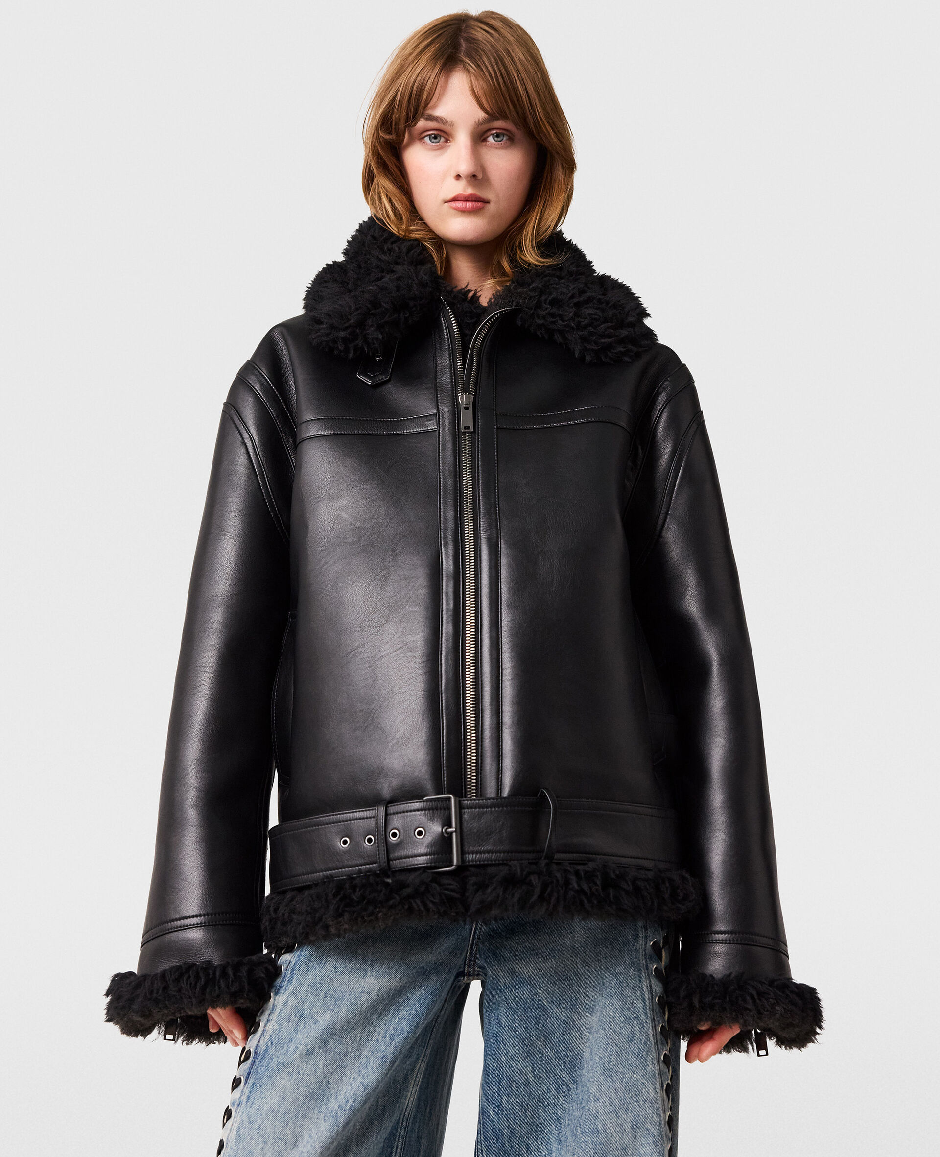 Veste ceinturee en shearling vegan-Noir-large image number 1
