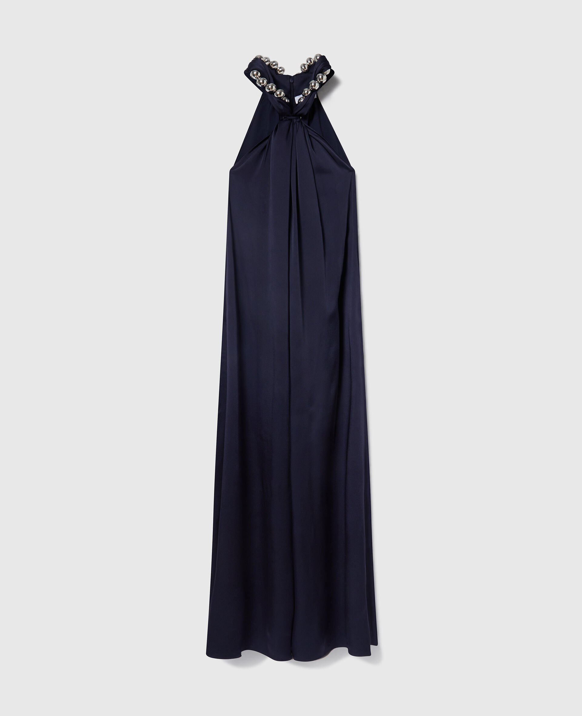 Robe longue en satin a dos nu et chainette perlee-Bleu-large image number 0