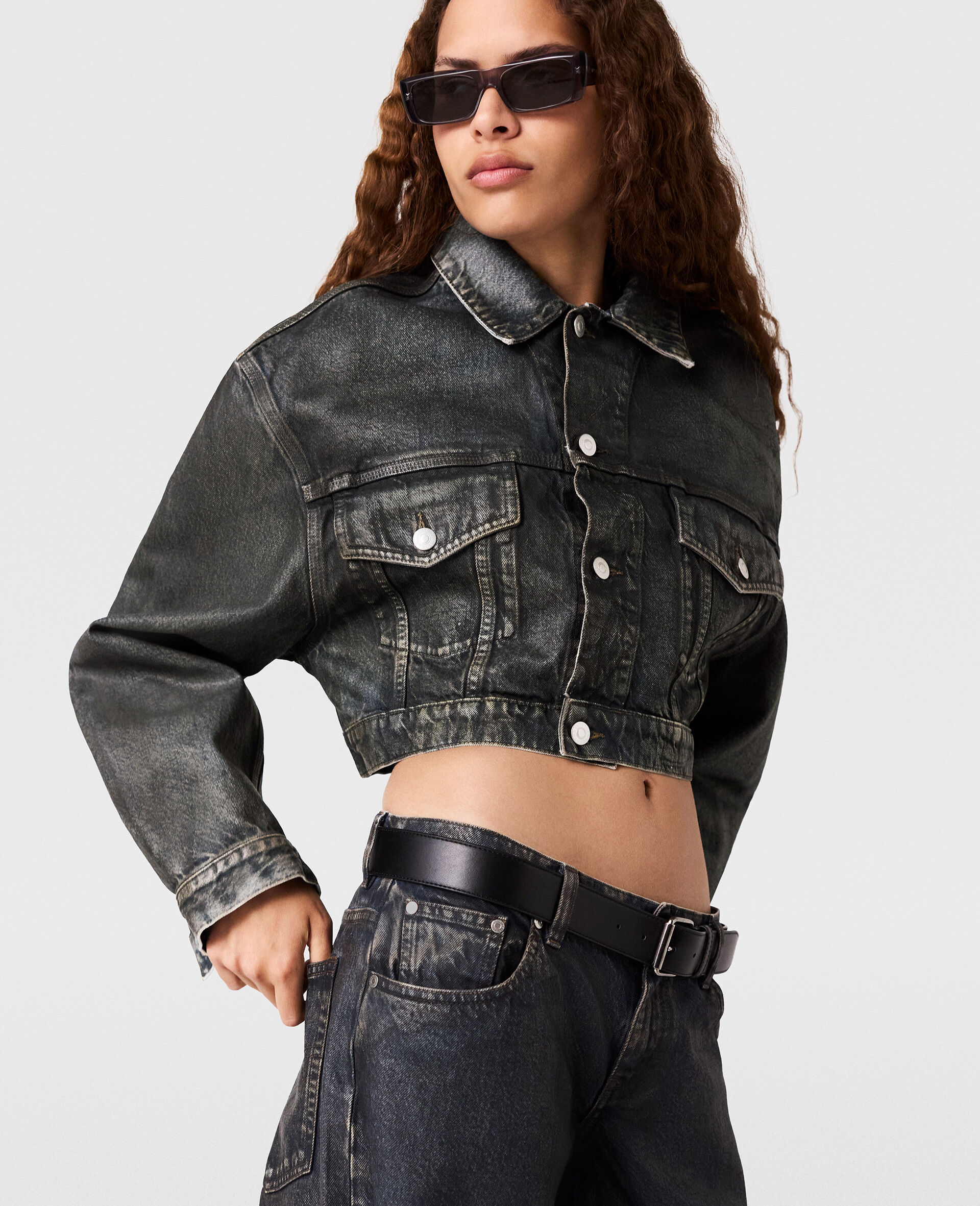 Aged Panelled Cropped Denim Jacket-Blue-large image number 2
