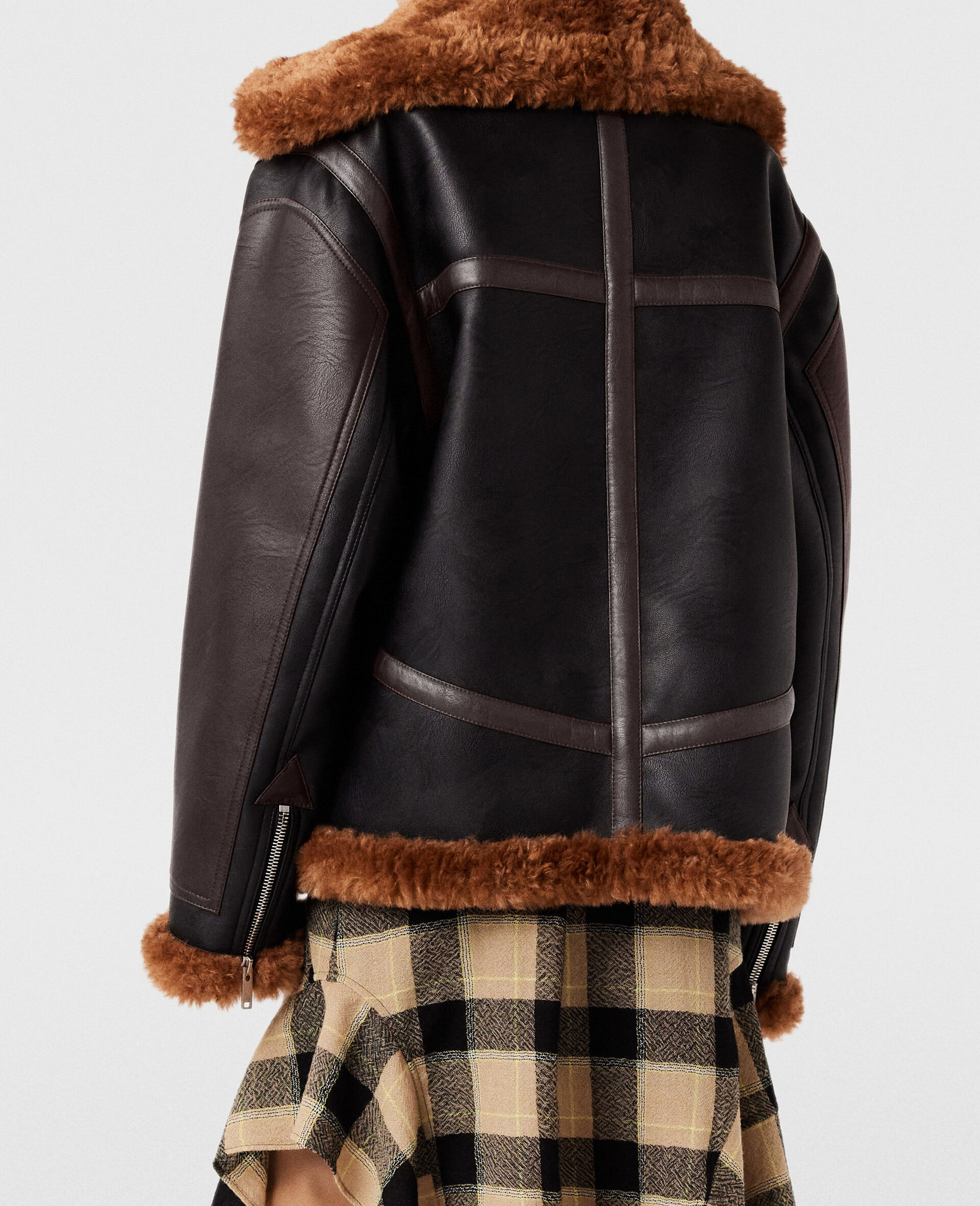 Plush Teddy Panelled Biker Jacket-Black-large image number 4