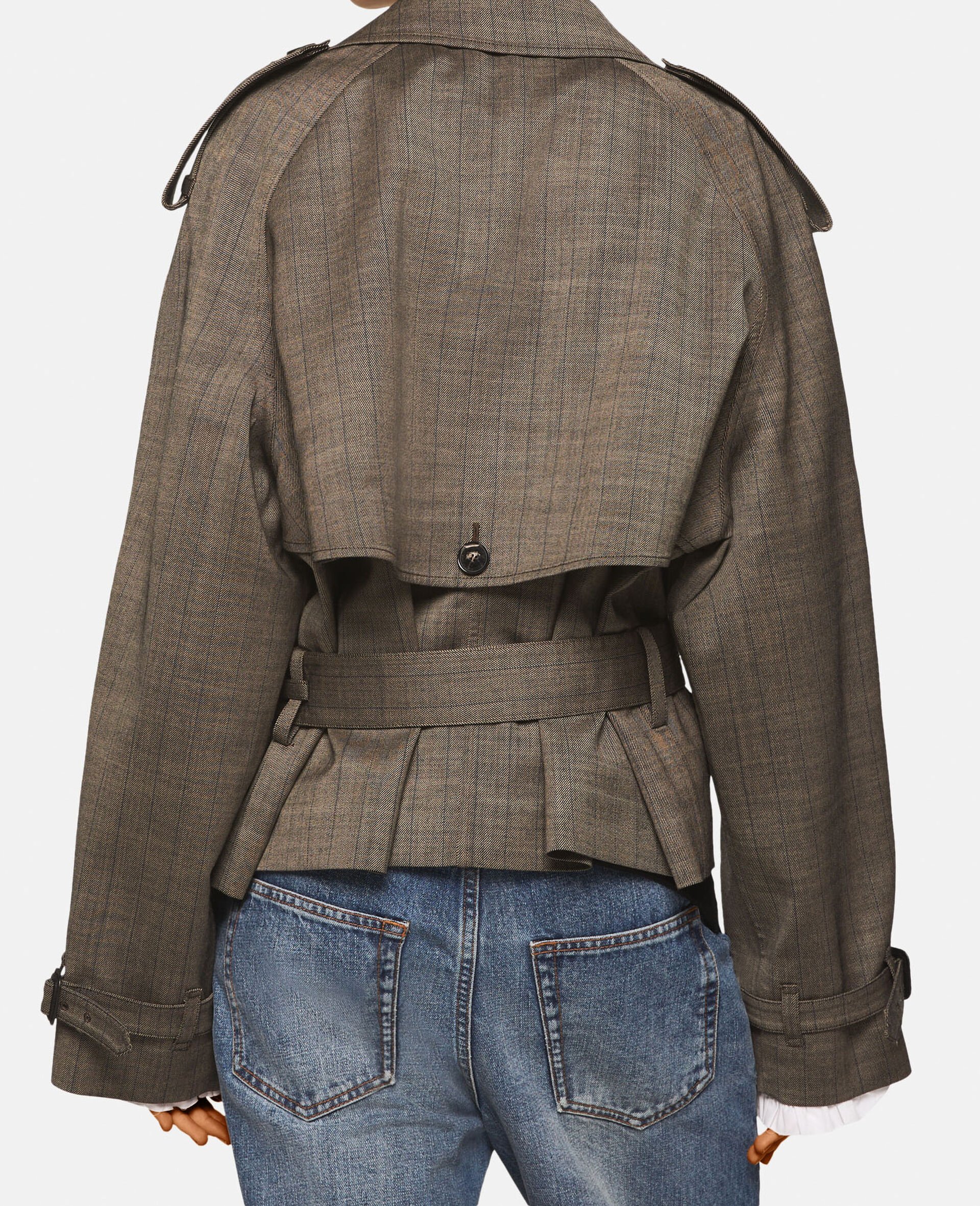 Cropped Pinstripe Wool Trench Jacket -Grey-large image number 2