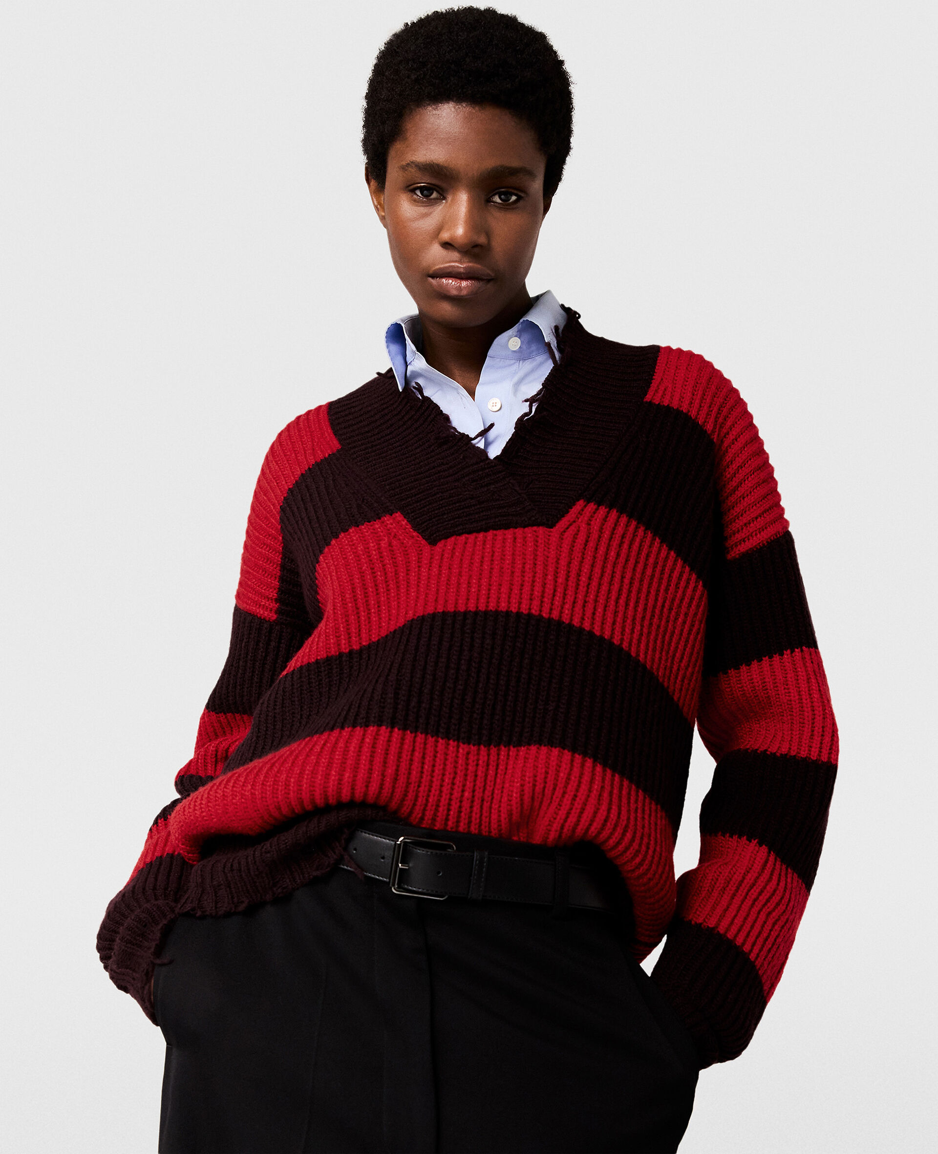 Oversized Striped V-Neck Sweater-Red-model