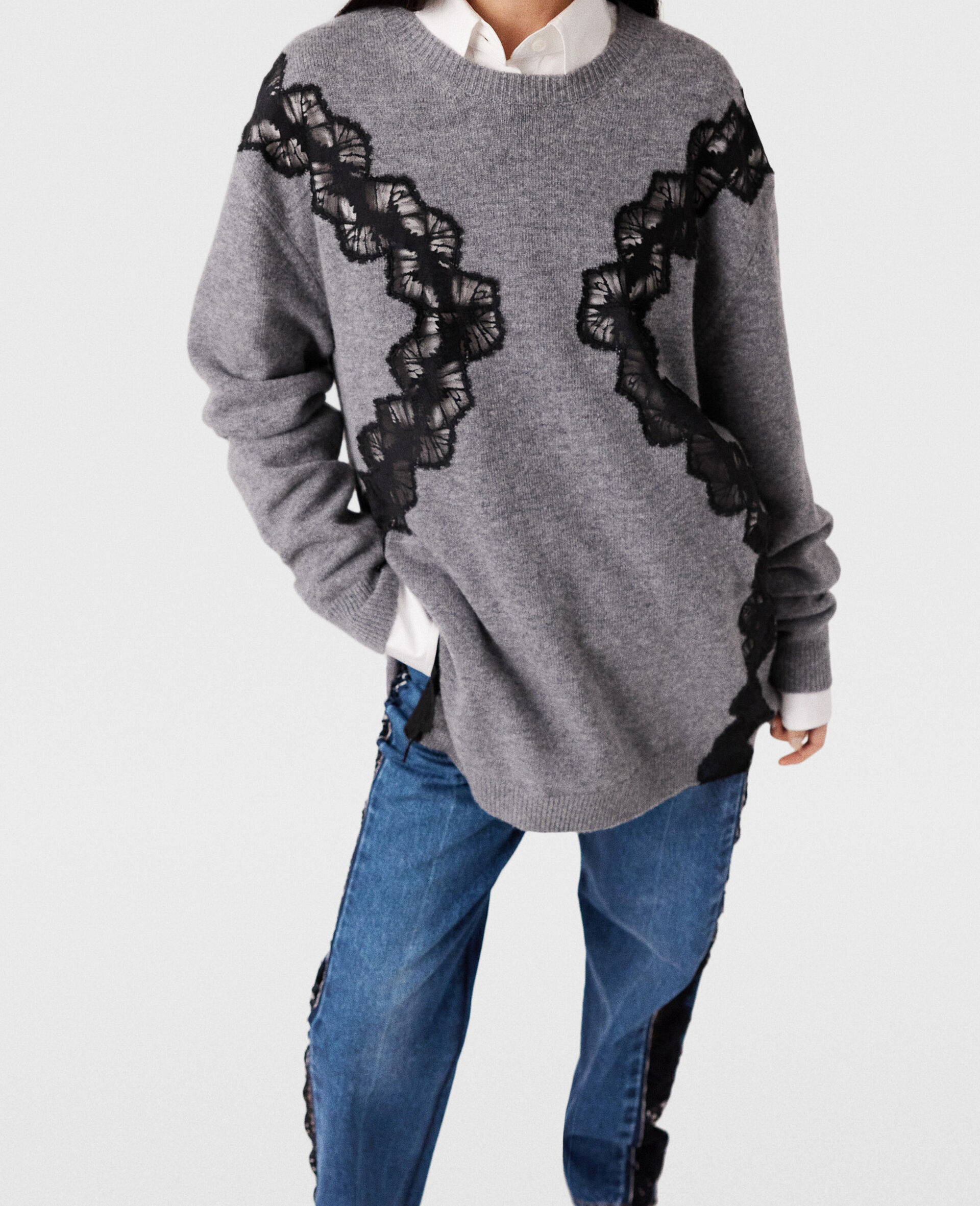 Lace Insert Long Sleeve Jumper-Grey-large image number 2
