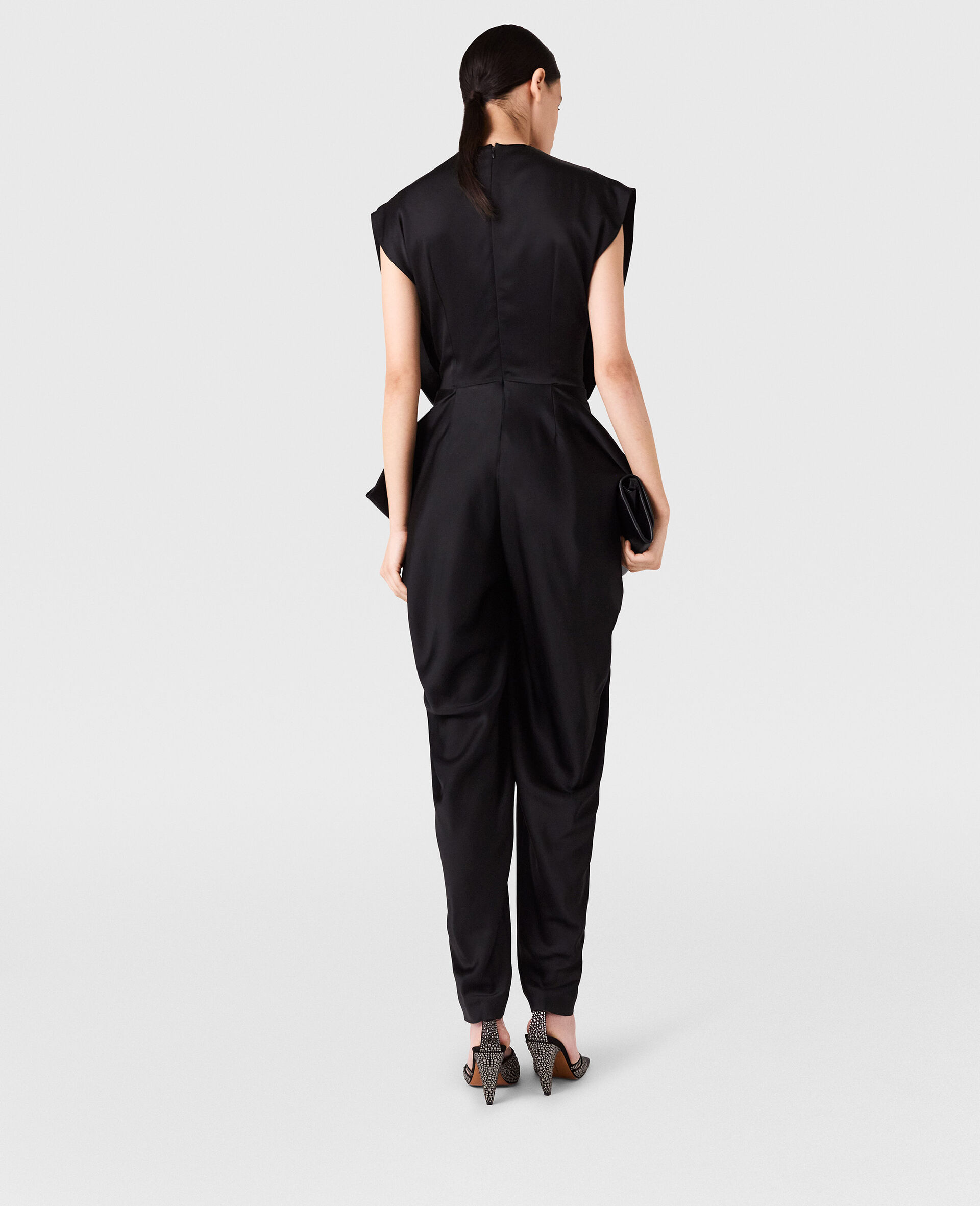 Deep V-Neck Shoulder Pad Pleated Jumpsuit-Black-large image number 3