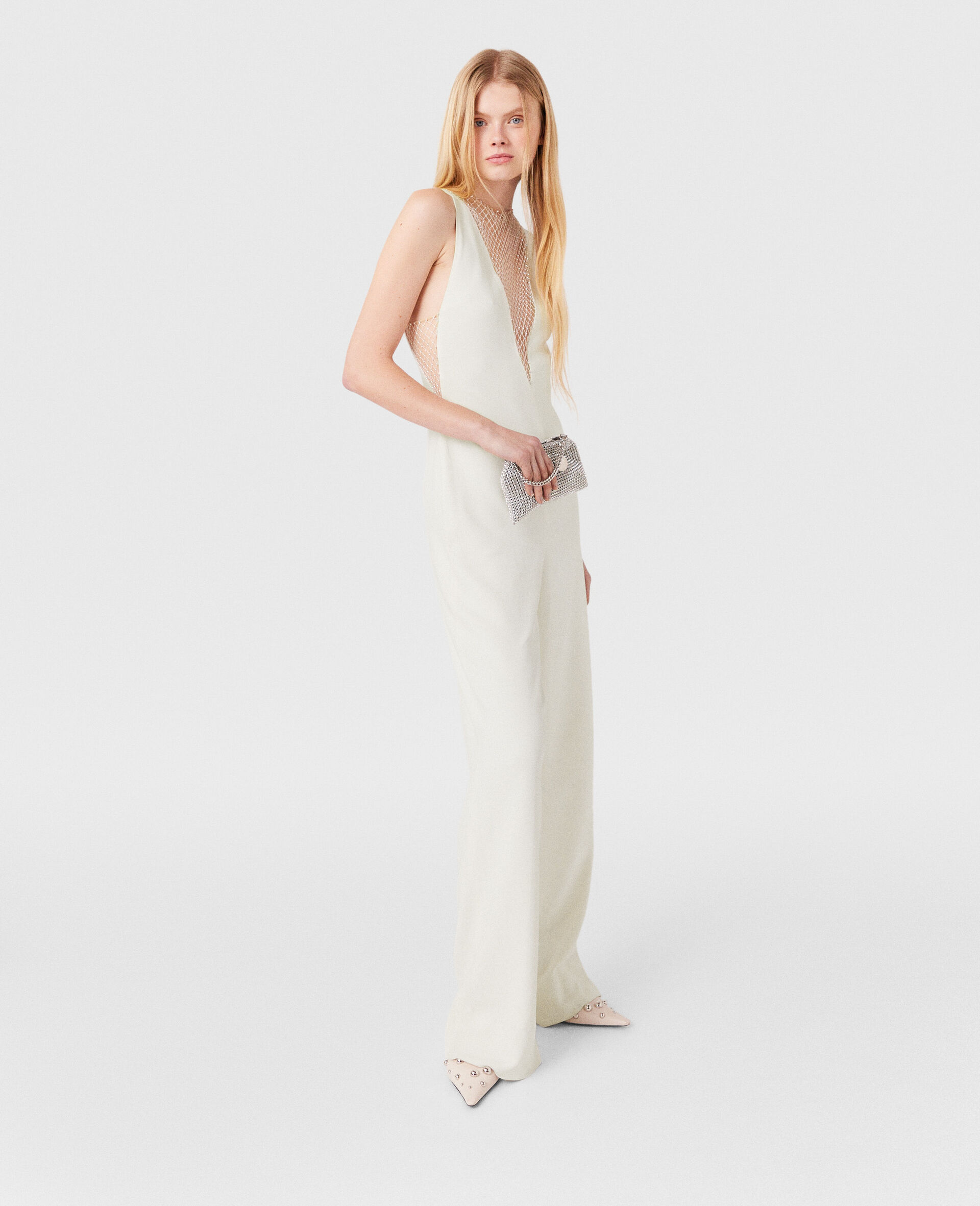 Crystal Mesh Deep V Jumpsuit-White-model