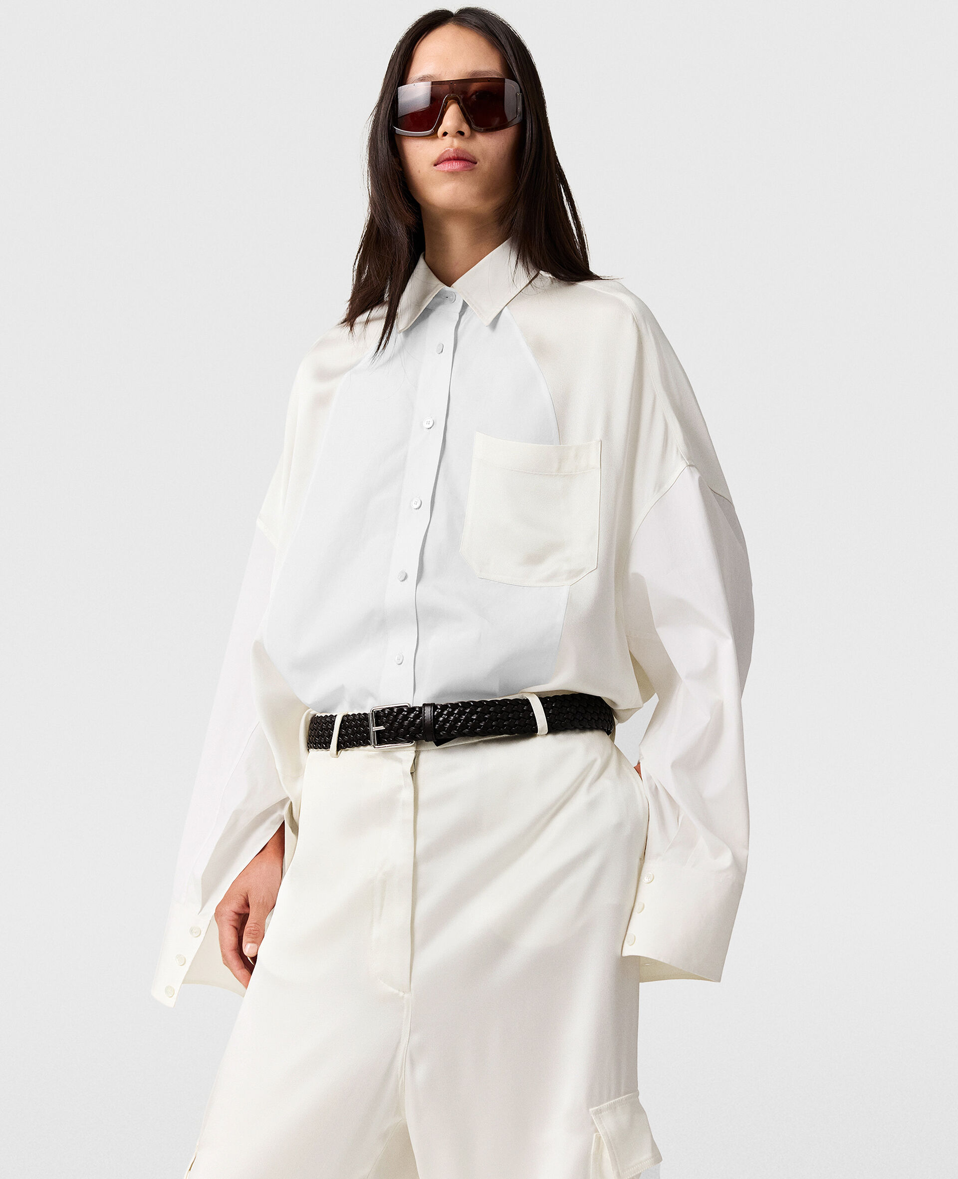 Chemise oversize a empiecements en satin-Blanc-large image number 4