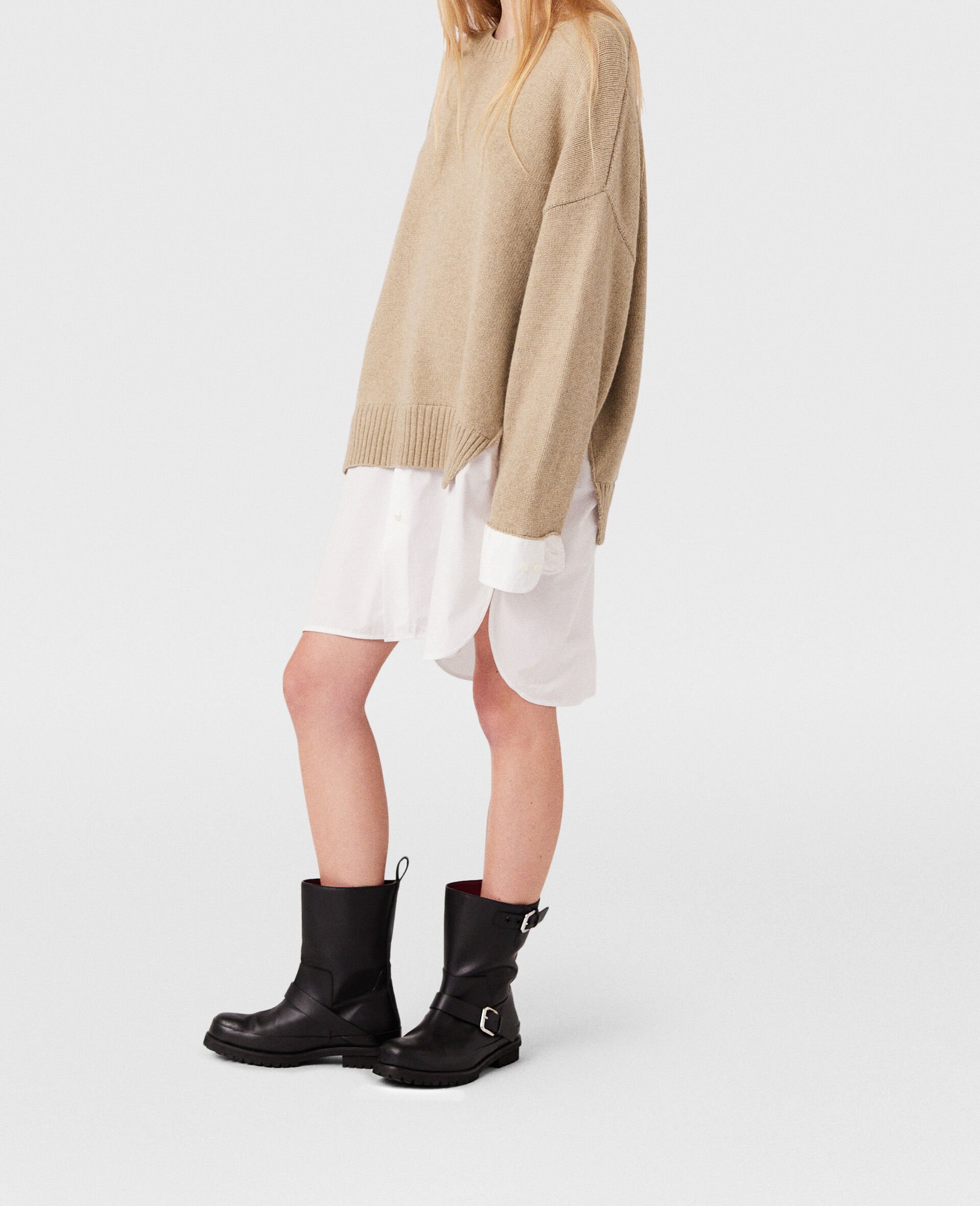 Shirting Details Long Sleeve Sweater-Beige-large image number 2