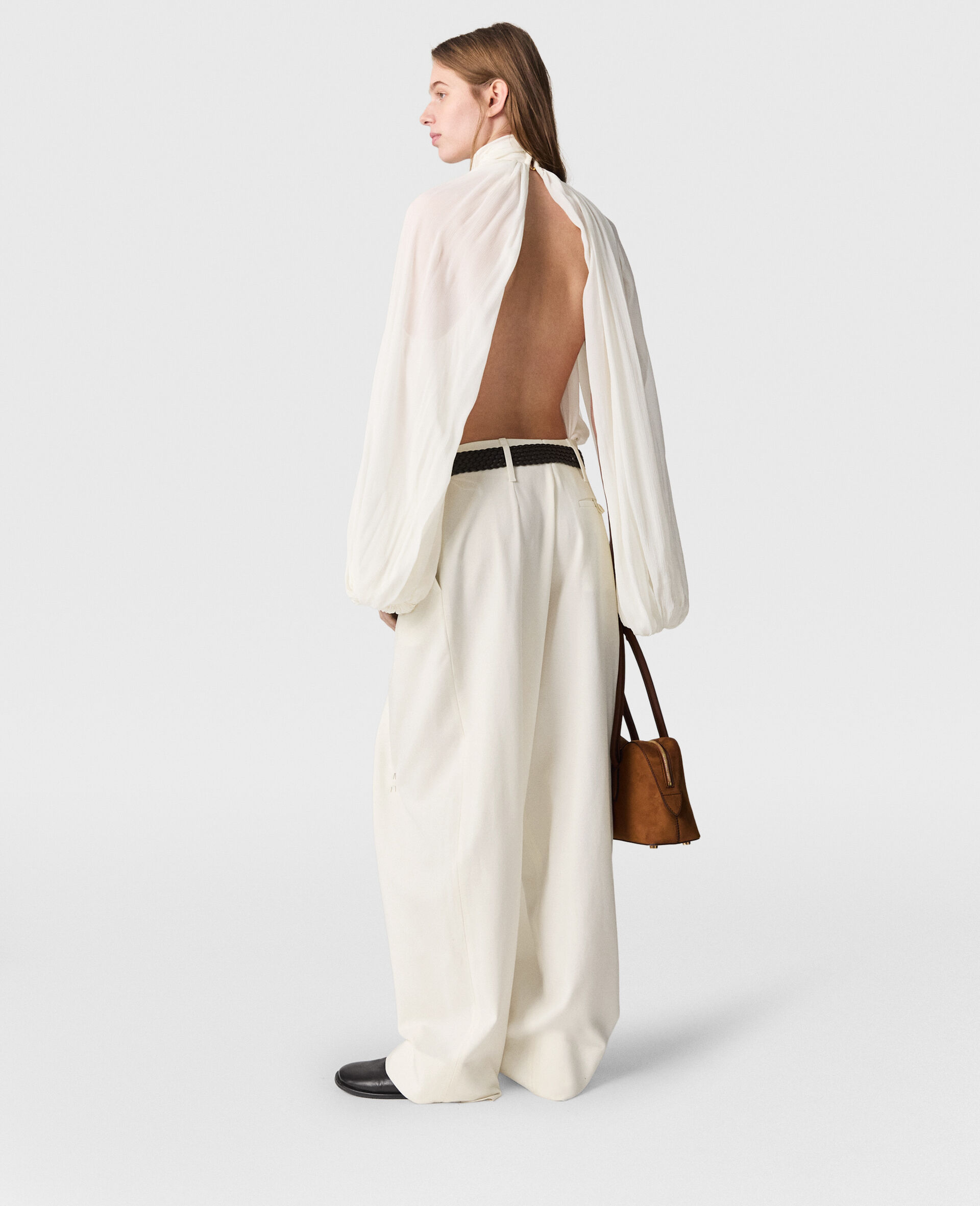 Pleated Baloon Sleeve Top-White-large image number 4