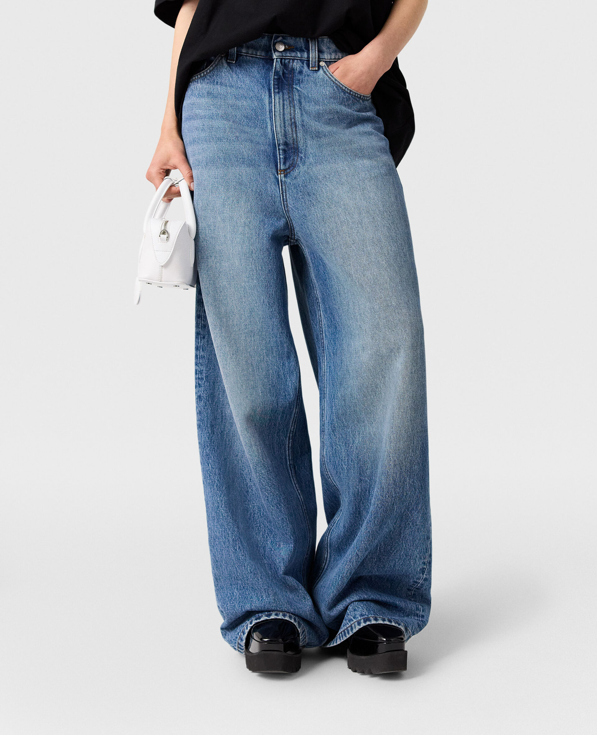 Faded Wide-Leg High-Rise Denim  Jeans-Blue-large image number 5