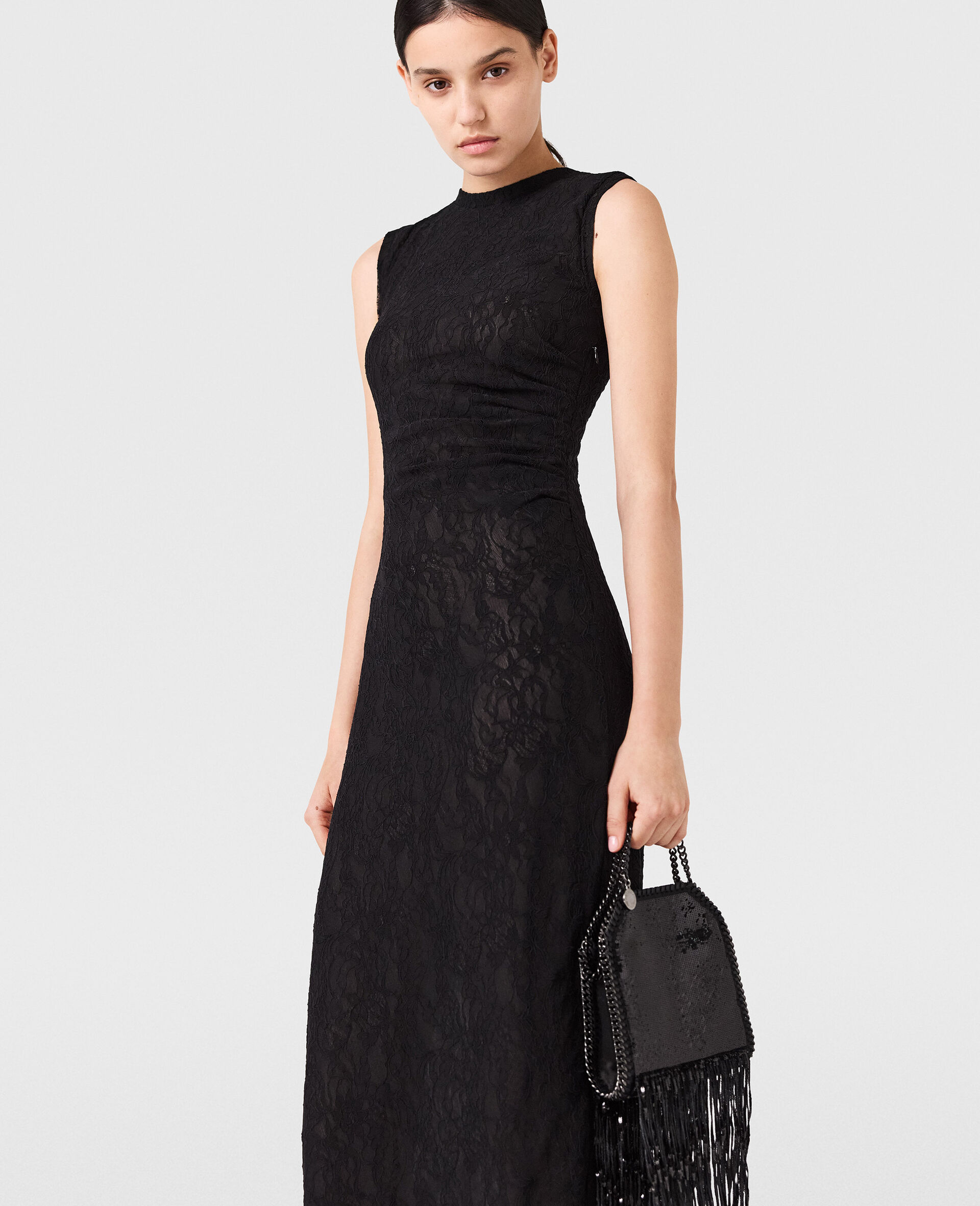 Sleeveless Crewneck Lace Midi Dress-Black-large image number 4