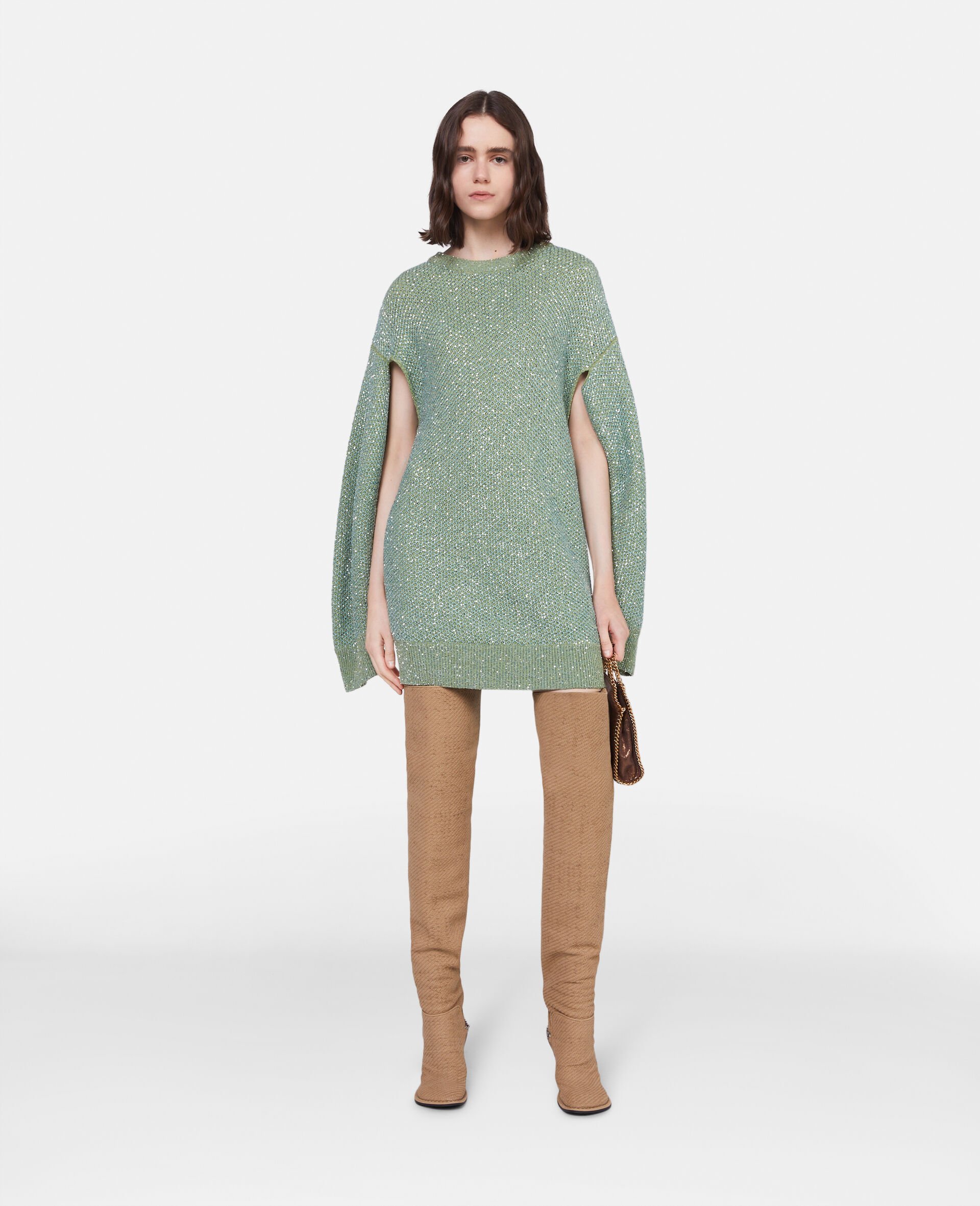 スパンコール付きケープ セータードレス-グリーン-model