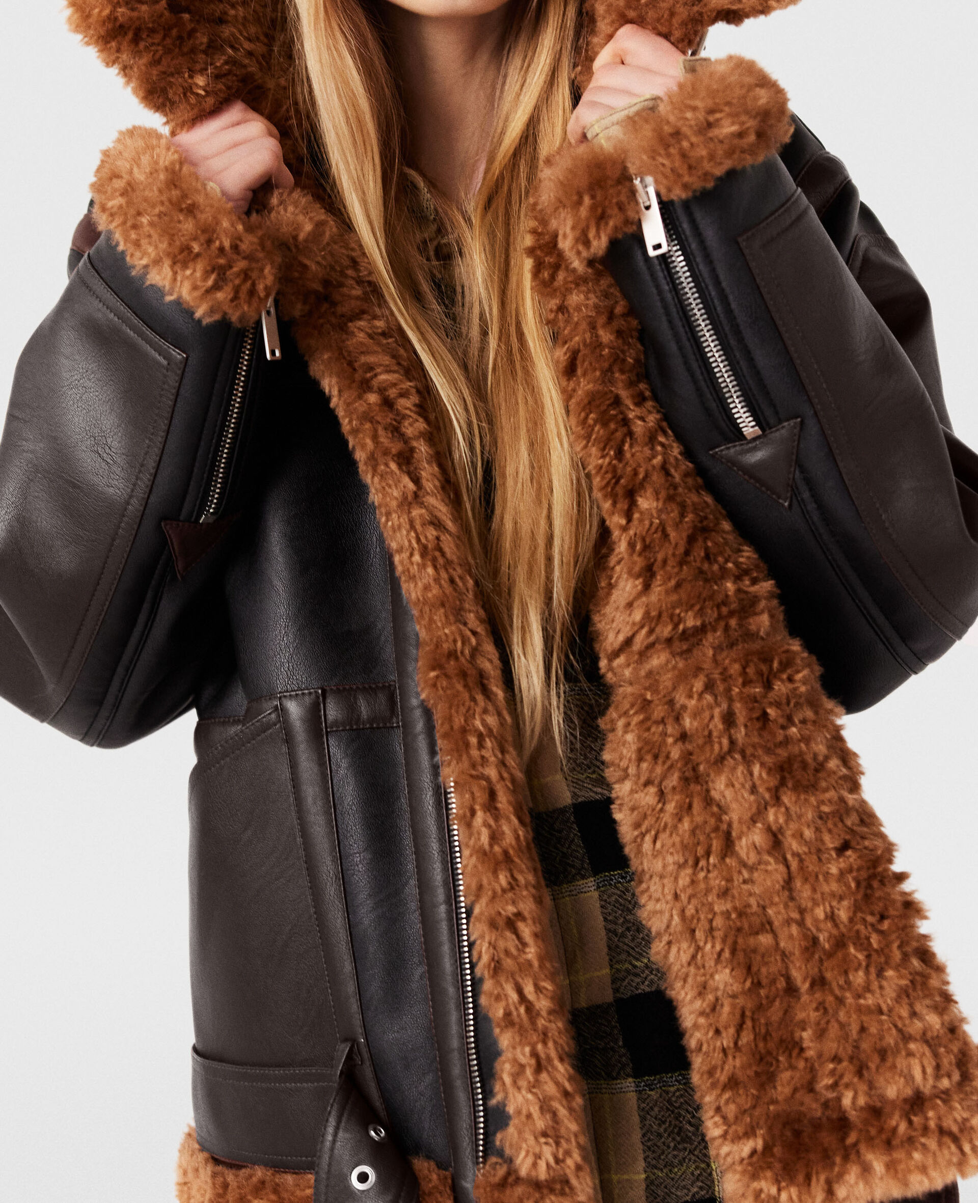 Plush Teddy Panelled Biker Jacket-Black-large image number 3