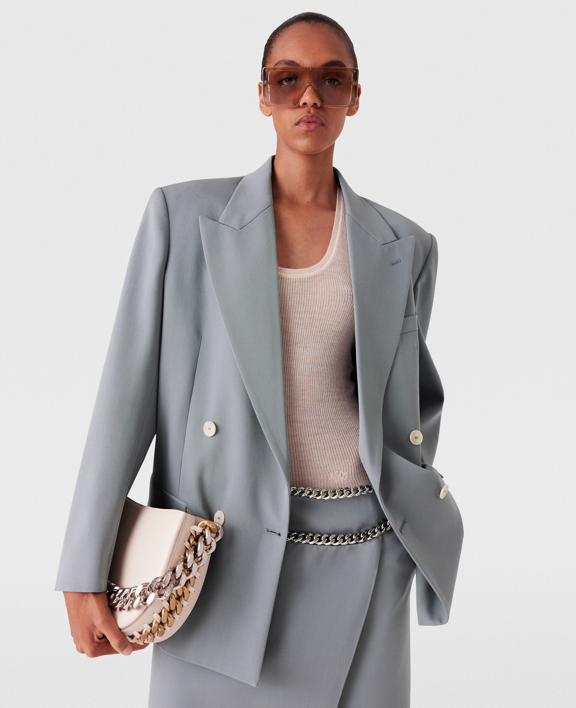 Oversized Double-Breasted Blazer-Grey-model