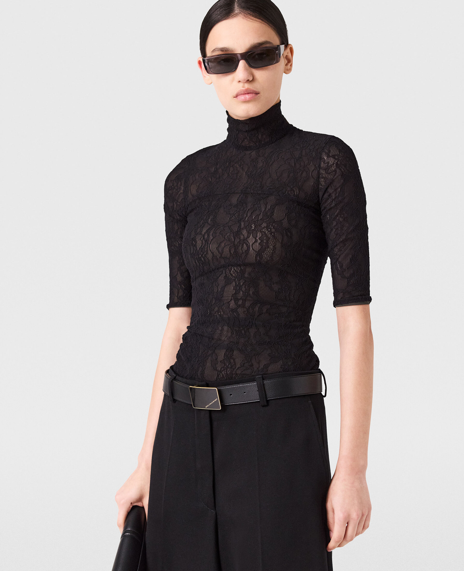 Turtleneck Lace 3/4 Sleeve Top-Black-model