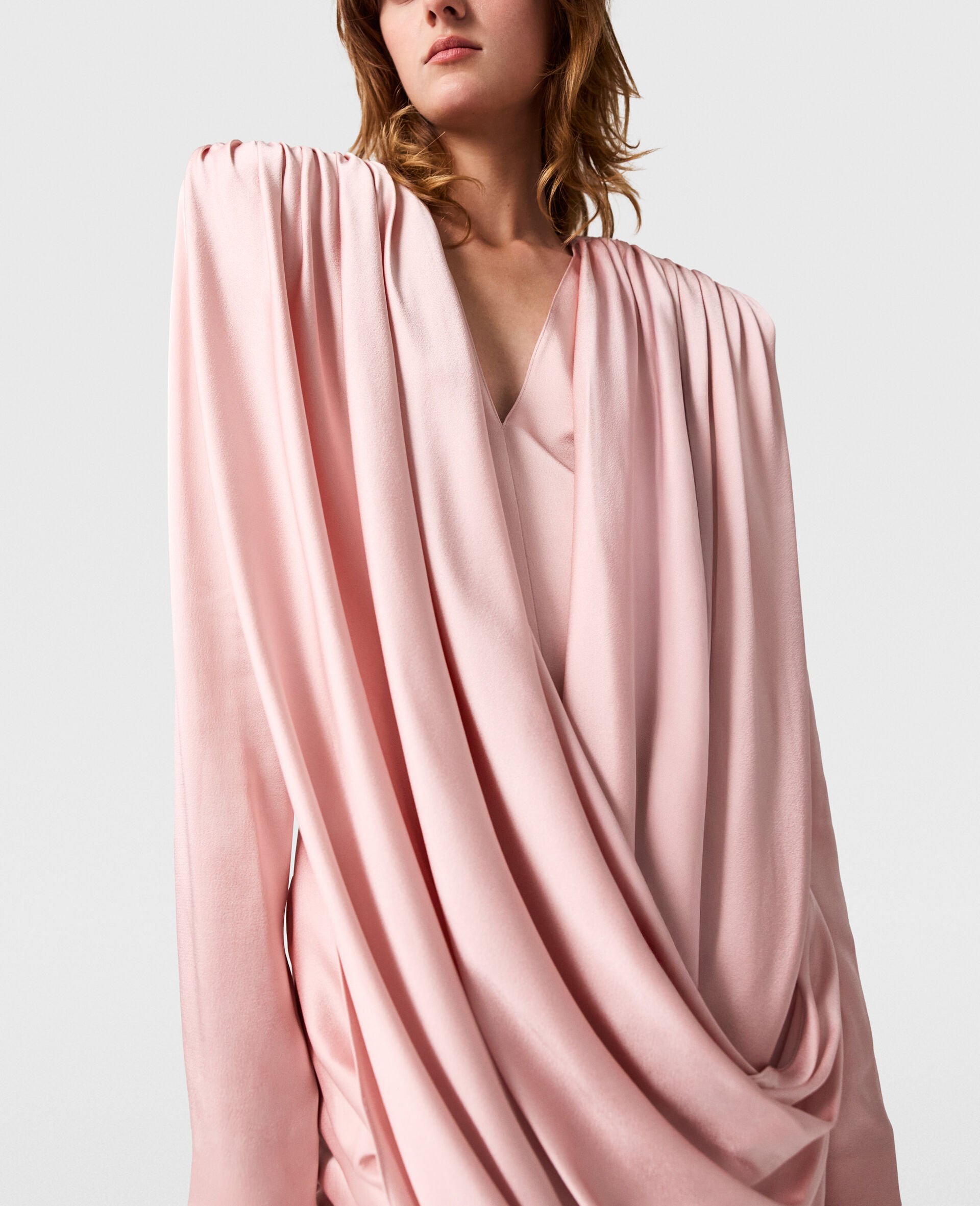 Pleated Satin V-Neck Mini Dress-Pink-large Pleated Satin V-Neck Mini Dress-Pink-large image number 3