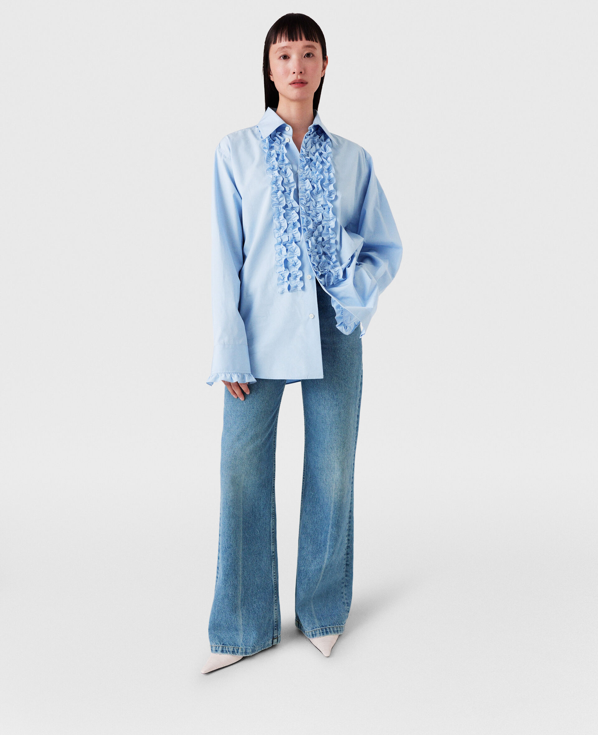 Ruffled Panel Oxford Shirt-Blue-large image number 4