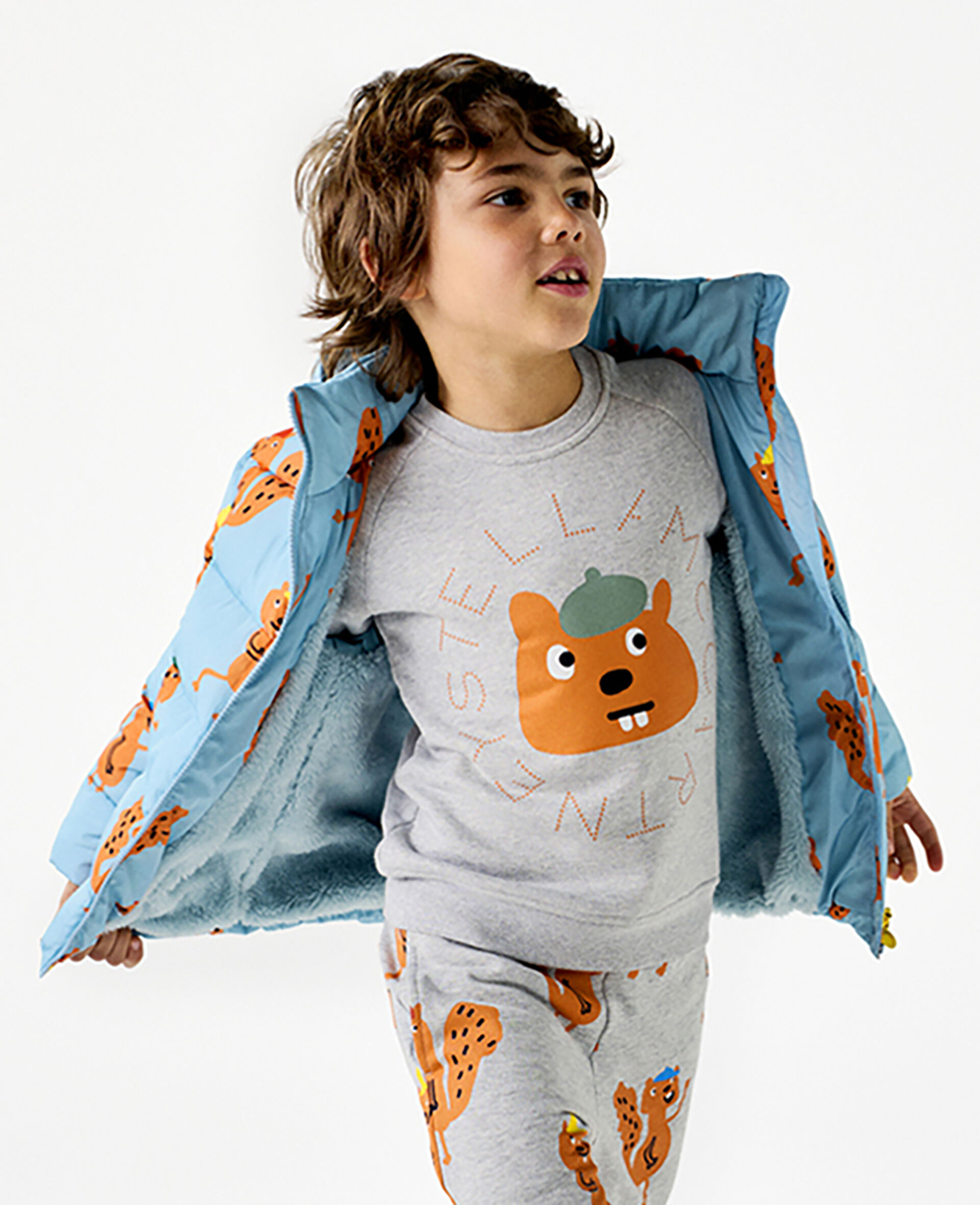 Squirrel Print Hooded Puffer Coat-Blue-medium