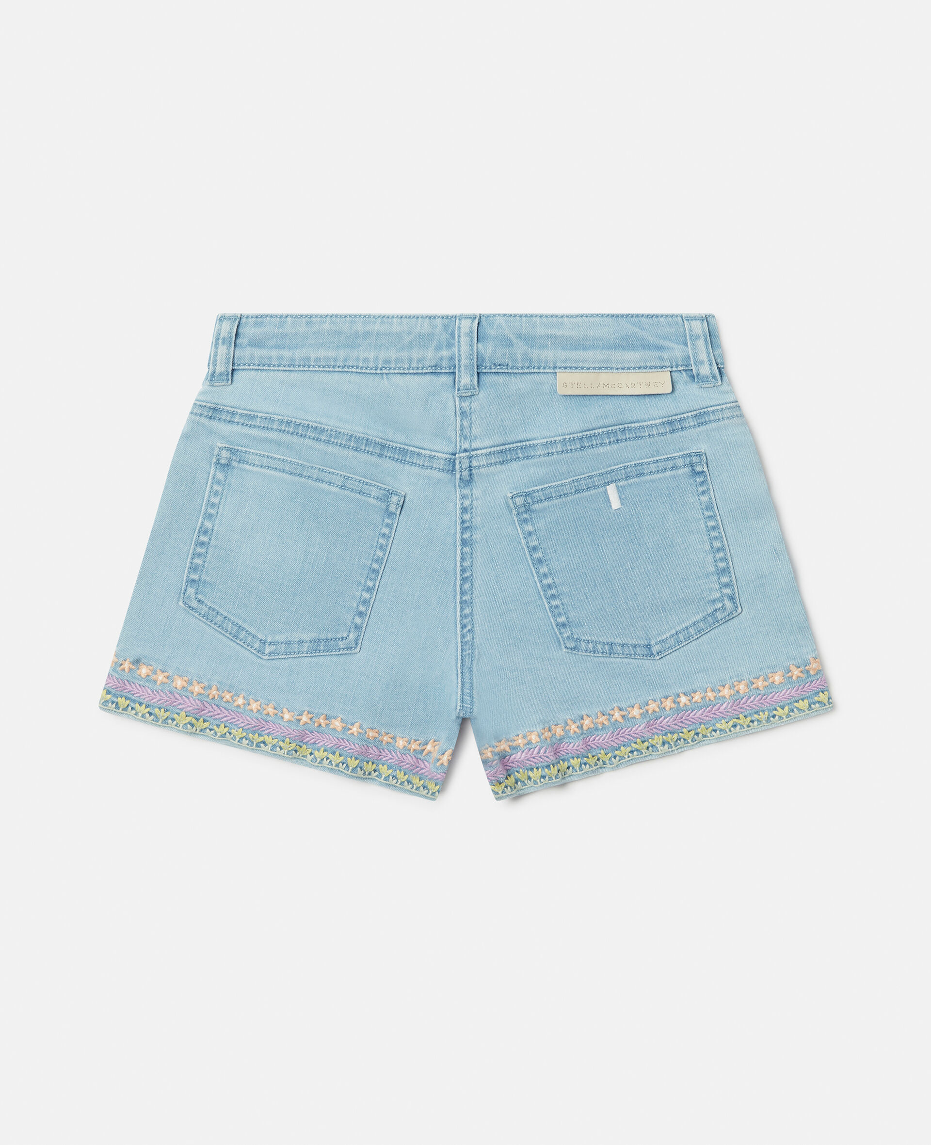 Flower Line Embroidery Denim Shorts-Blue-large image number 2