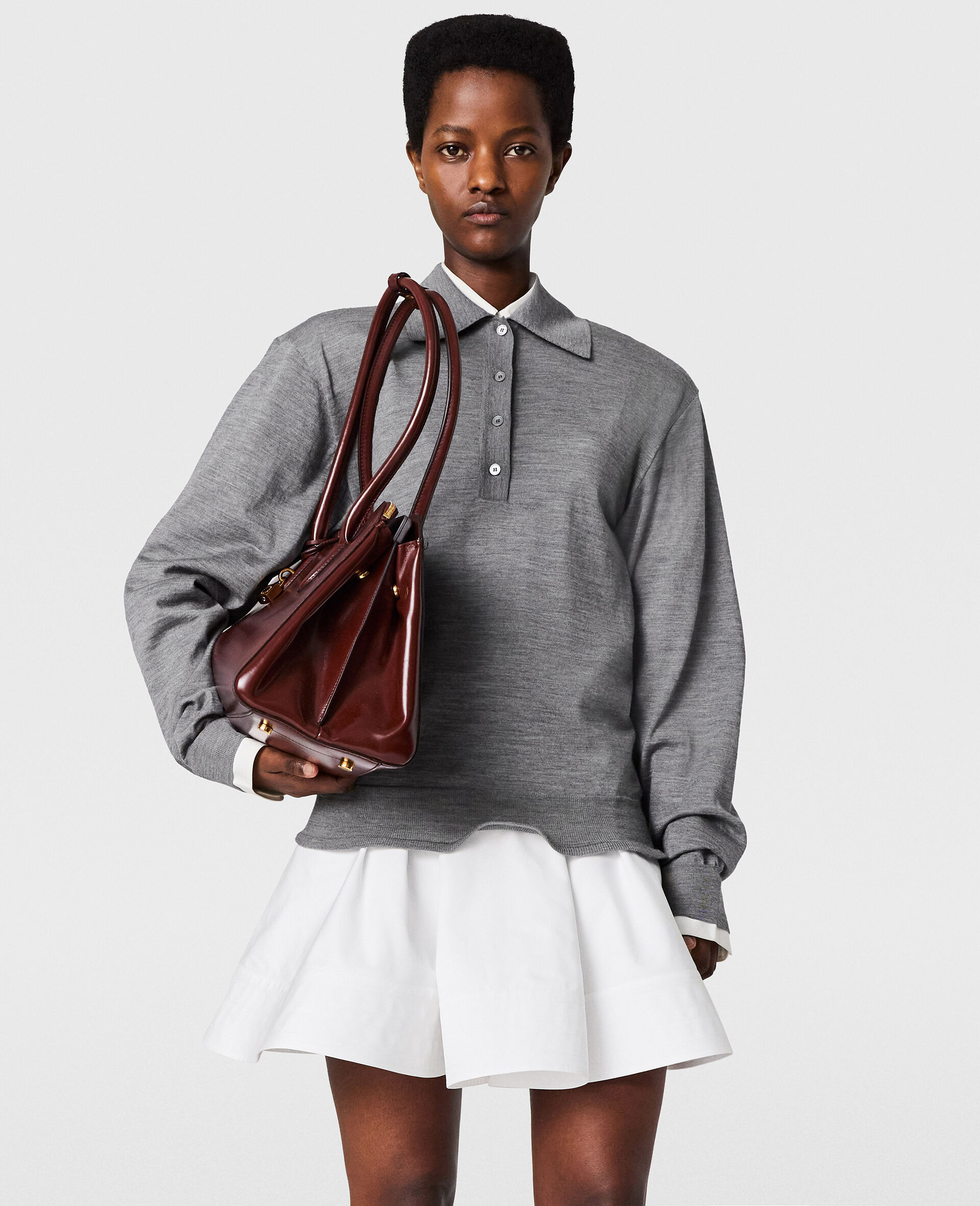 Lightweight Wool Frill Polo-Grey-medium