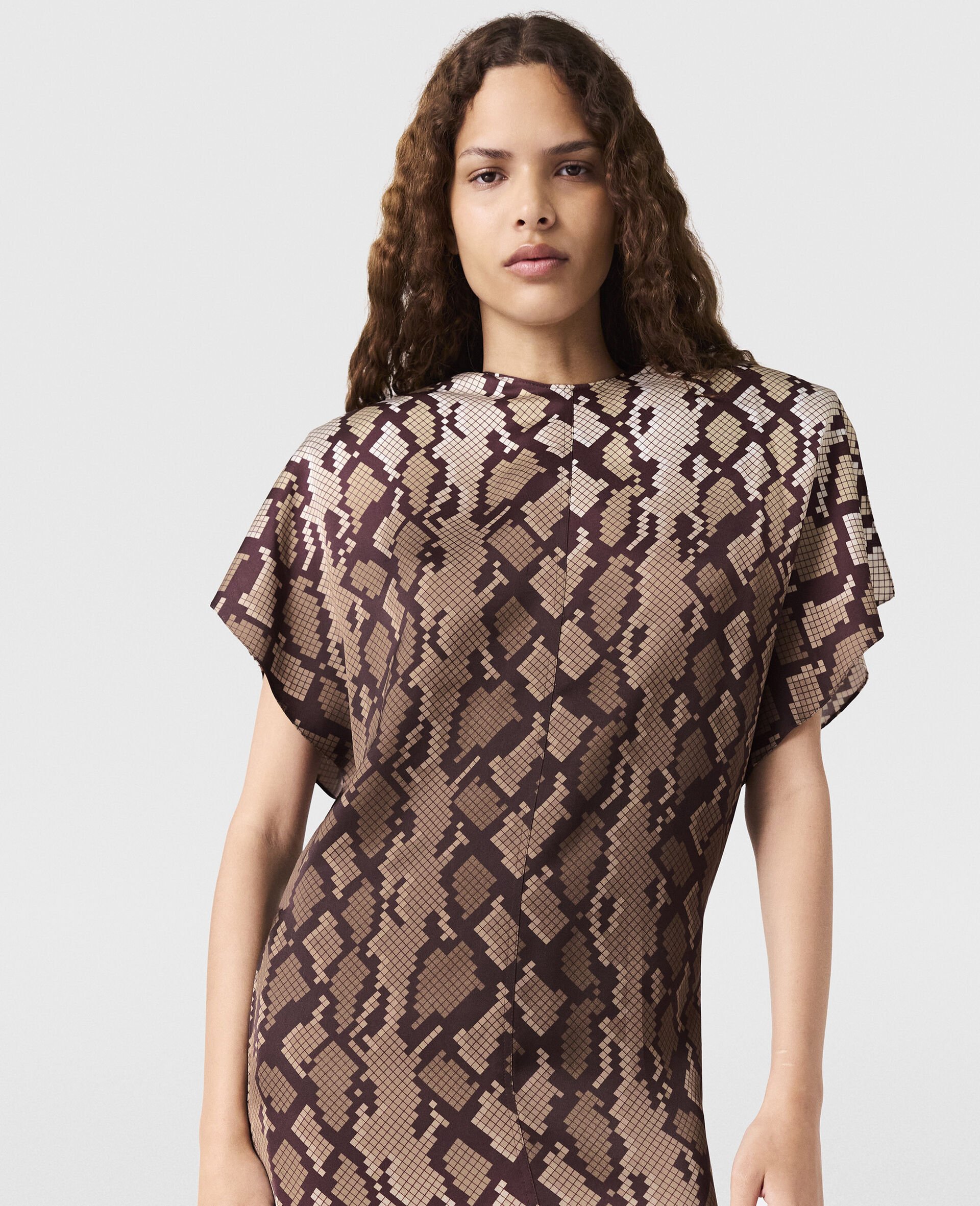 Snake Print Shoulder Pad Midi Dress-Brown-large image number 4