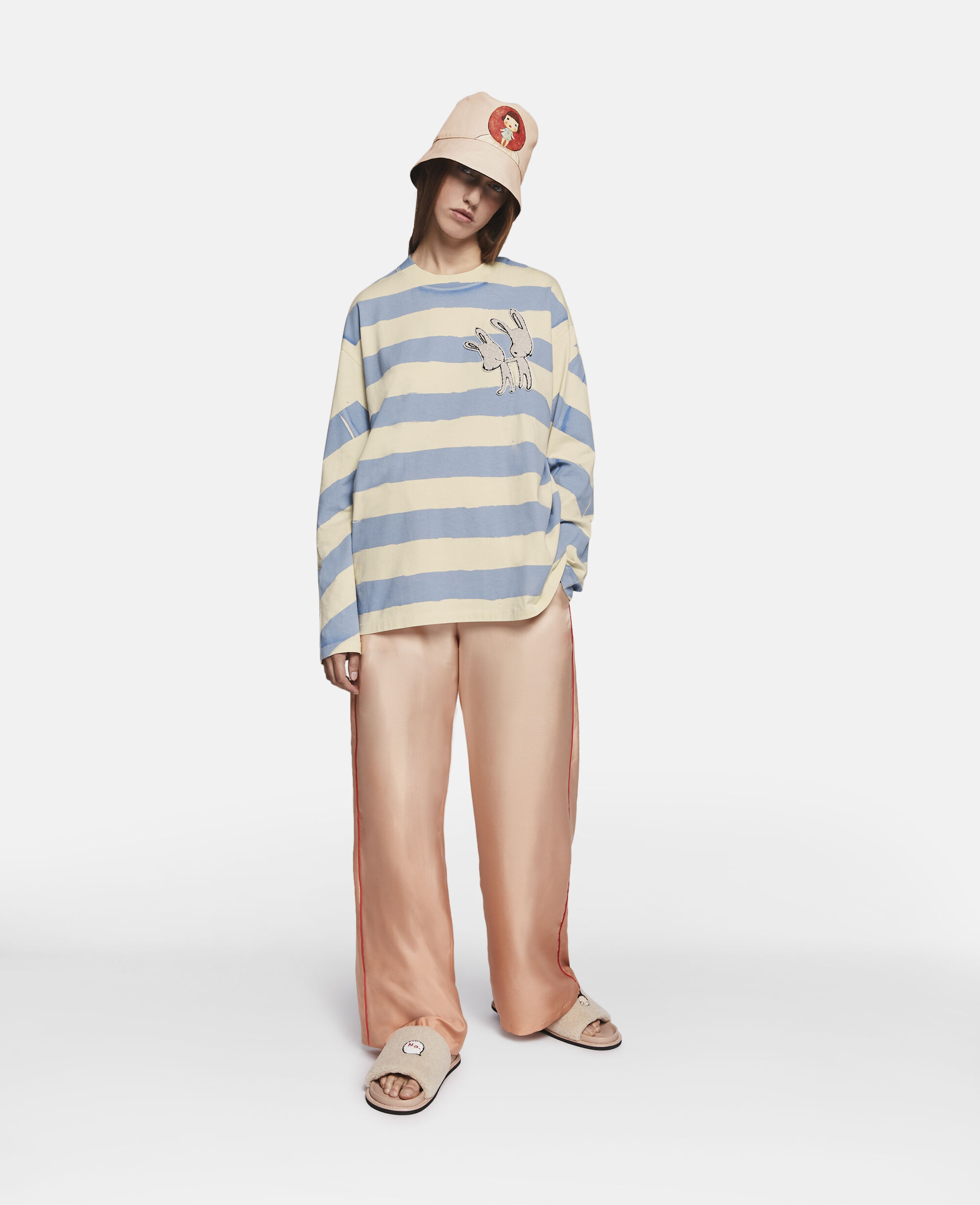 Women Cream Pale Blue Bunny Embroidery Breton T Shirt Stella