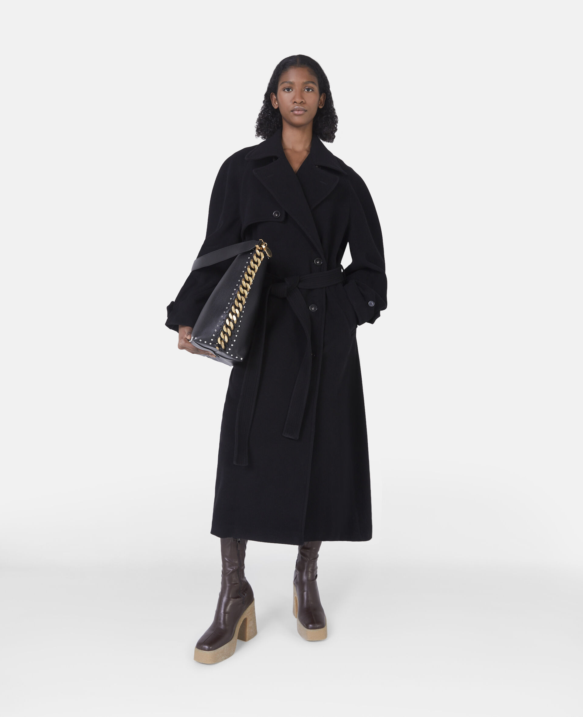 Banana Sleeve Belted Long Coat-Black-large image number 1