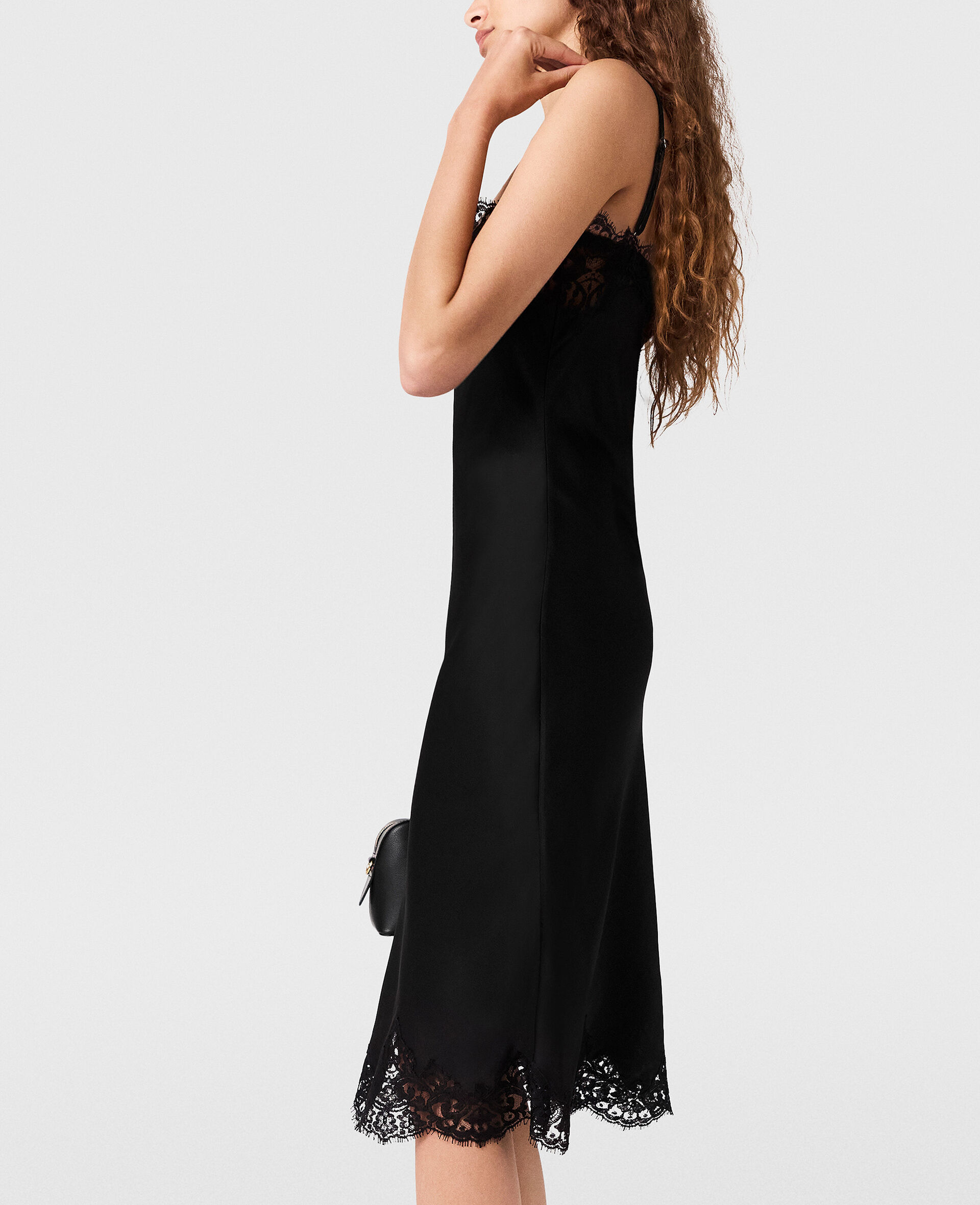 Sleeveless Lace Satin Midi Dress-Black-medium