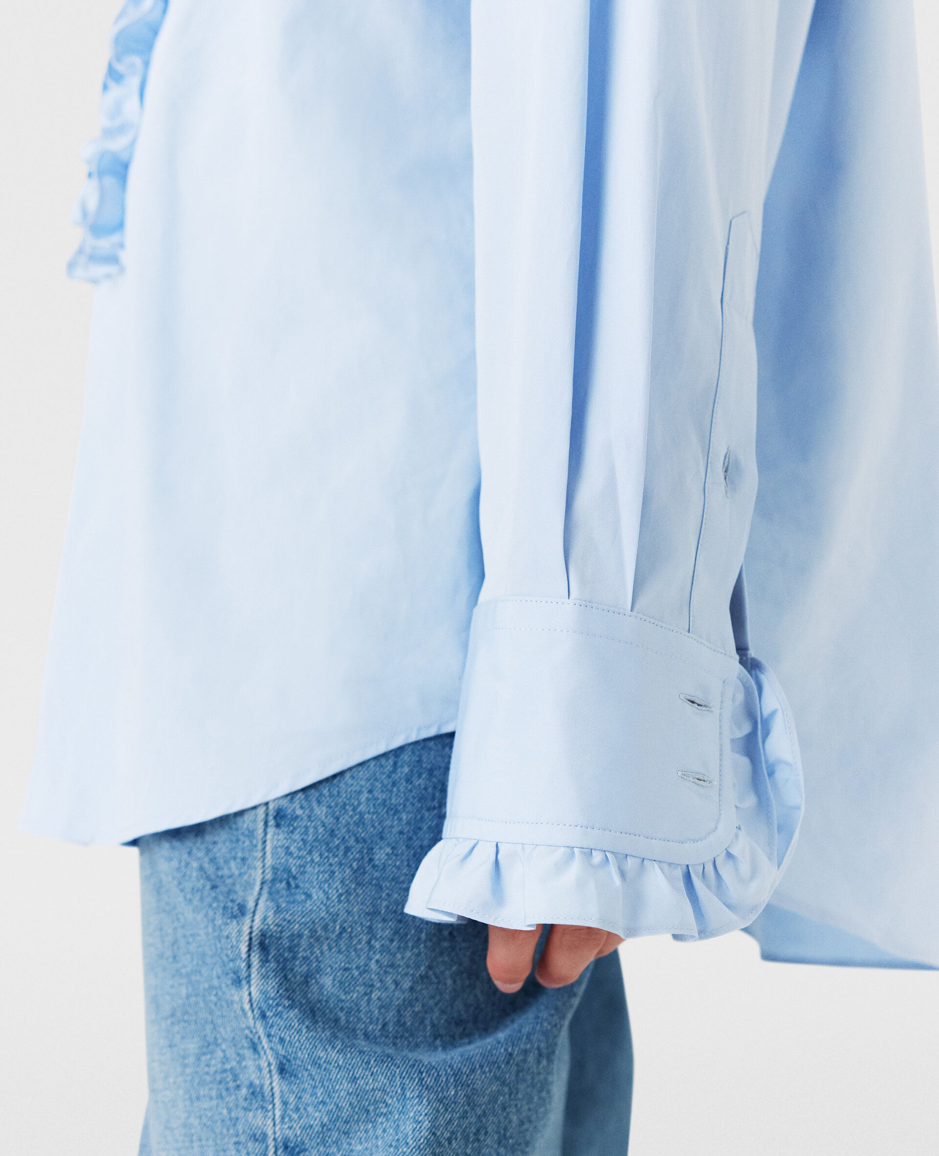 Ruffled Panel Oxford Shirt-Blue-large image number 5
