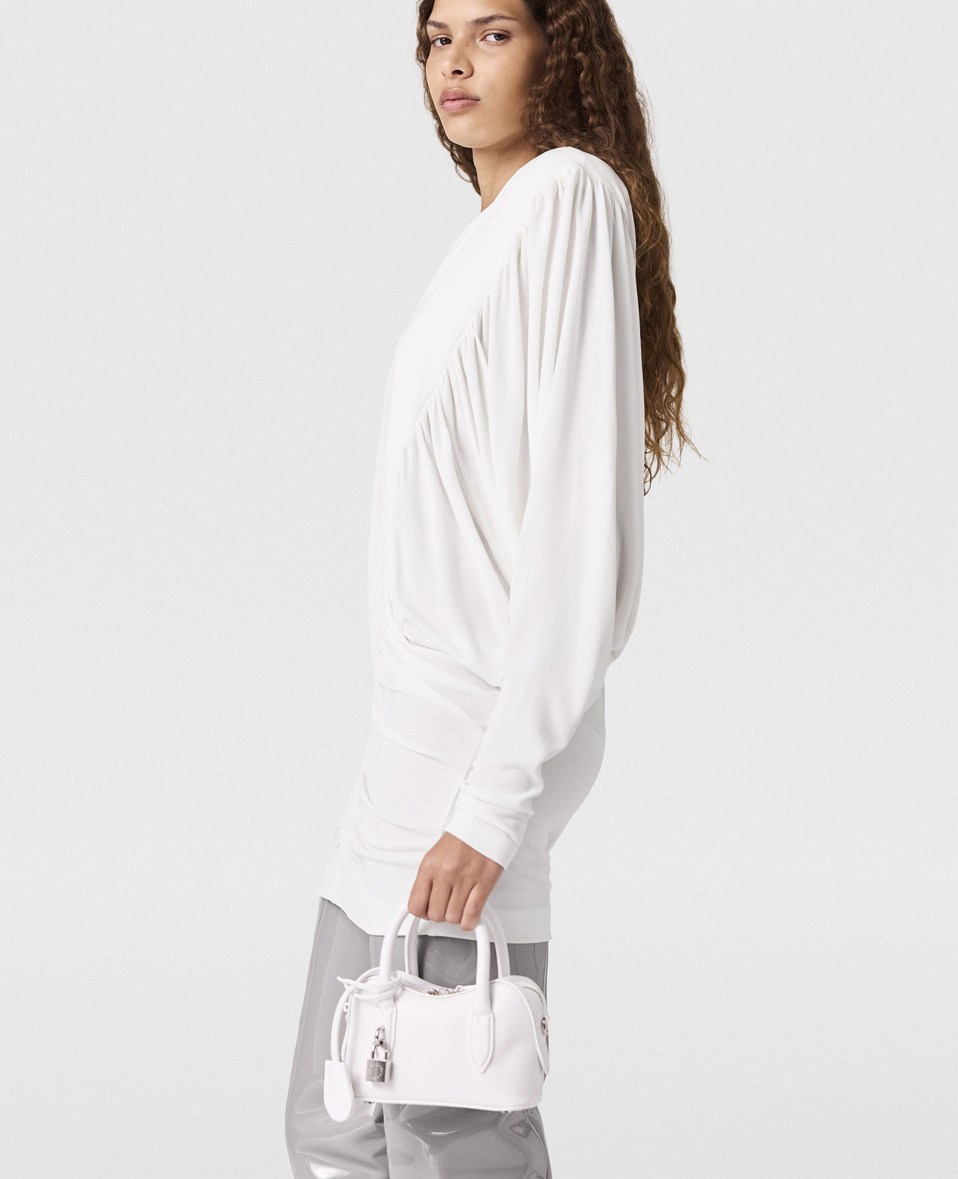 Pleated Crewneck Long-Sleeve Mini Dress-White-large image number 2