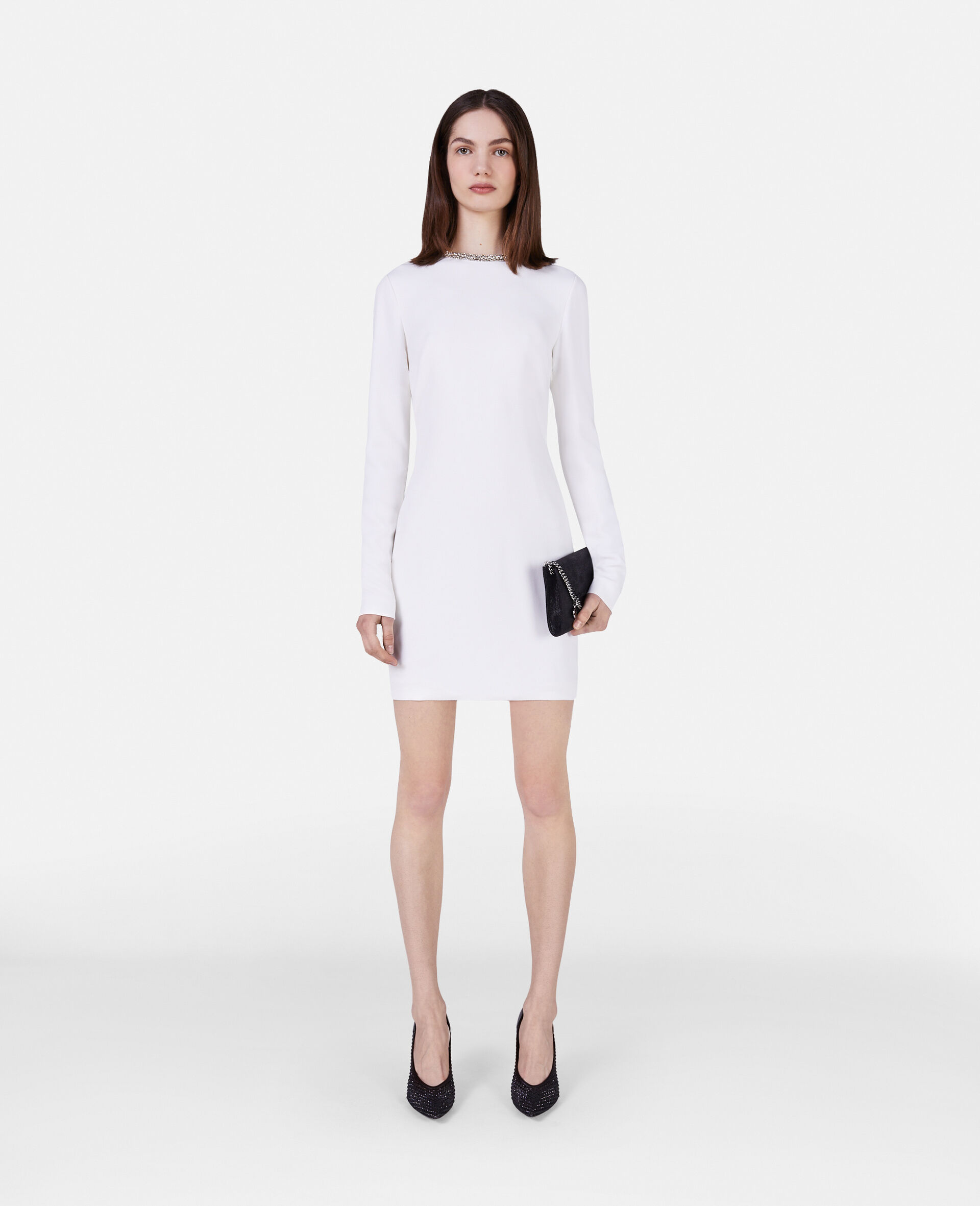 Crystal Collar Cocktail Mini Dress-White-model