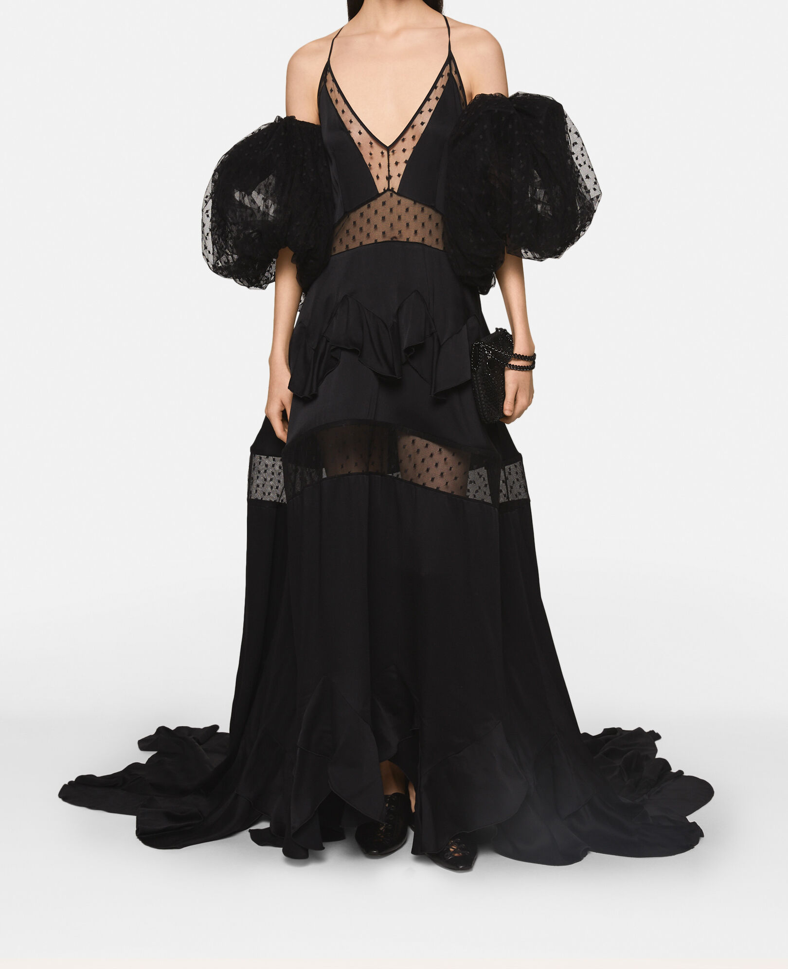 ⭕️ Stella McCartney チェック柄 ベルベット長袖 M位 36 Women Midnight black Puff Sleeve Polka Dot Mesh Maxi Dress