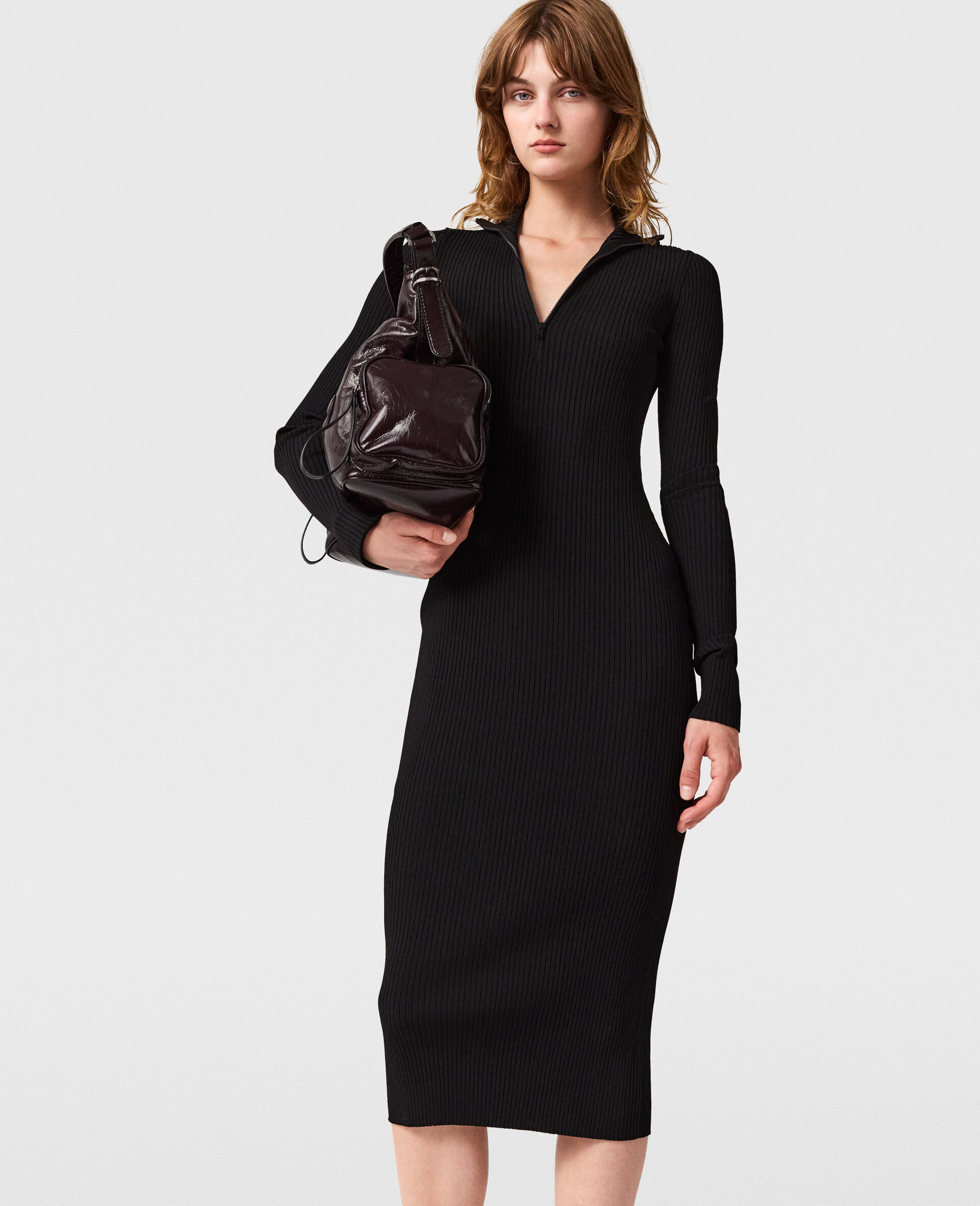 Zipper-Neck Ribbed Knit Midi Dress-Black-medium
