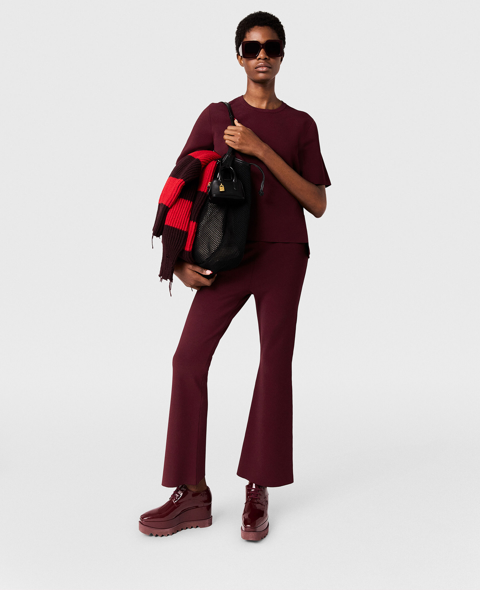 Compact Knit Flared Trousers-Red-model