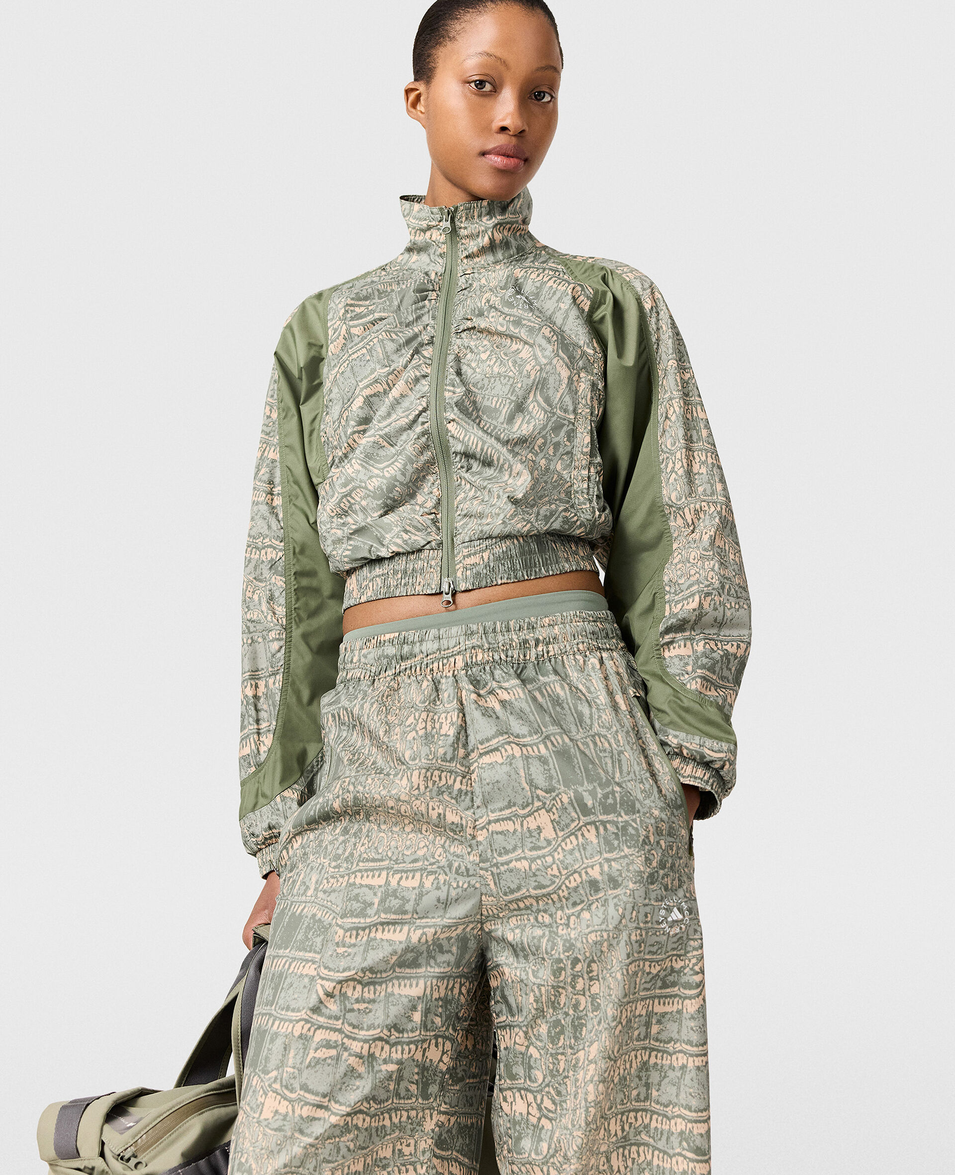Funnel Neck Graphic Print Track Jacket-Beige-model