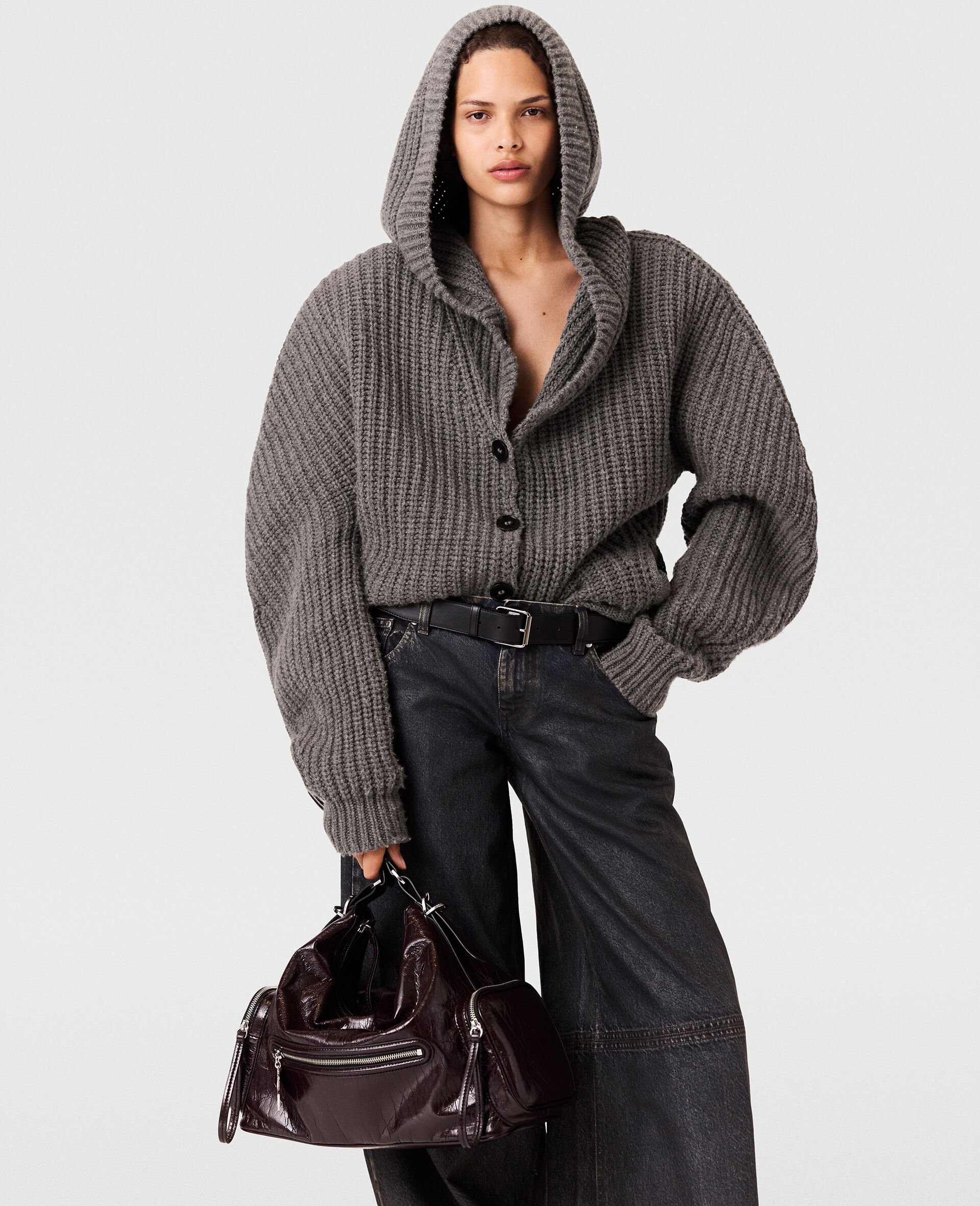 Chunky Ribbed Hooded Cardigan-Grey-model