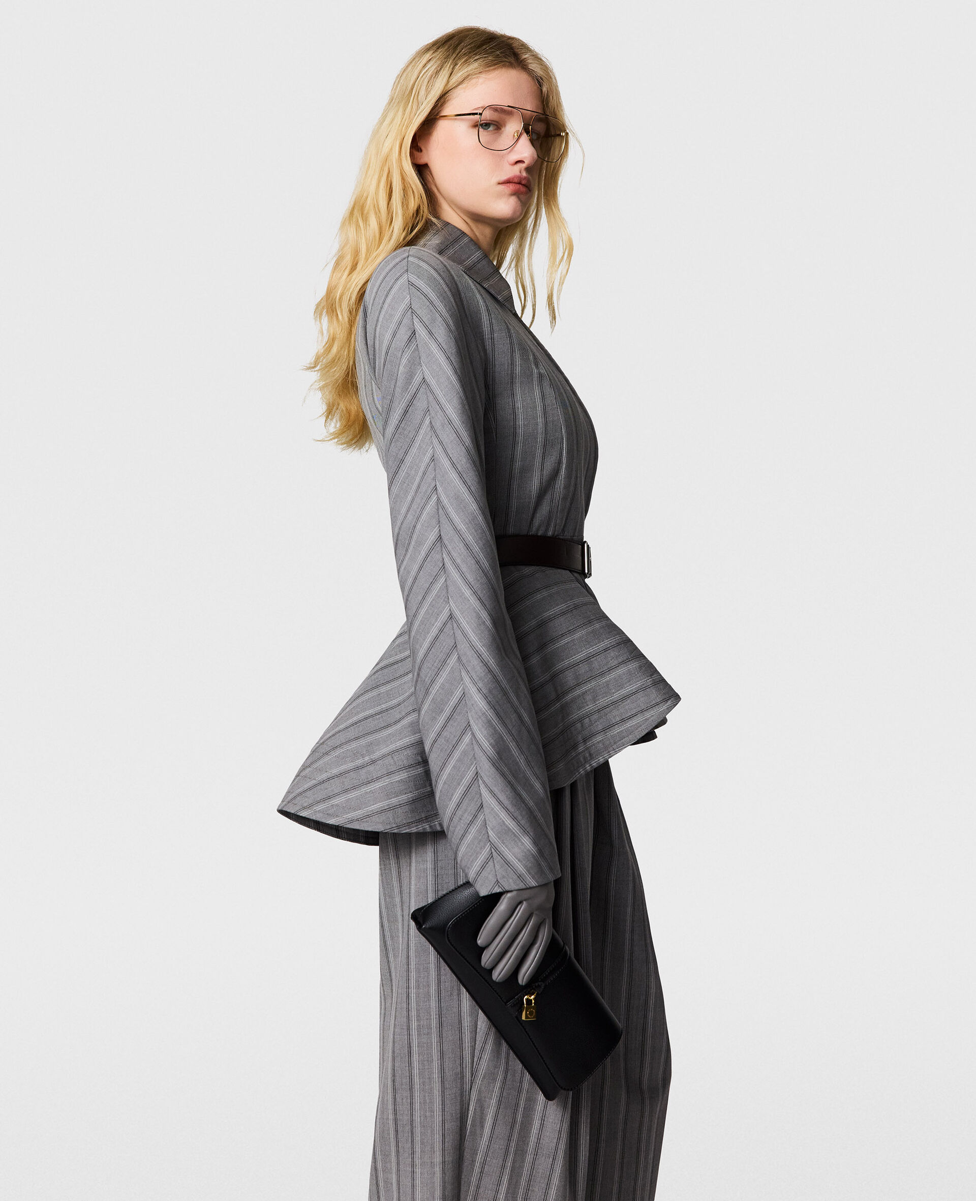 Striped Tailored Peplum Jacket-Grey-large image number 2