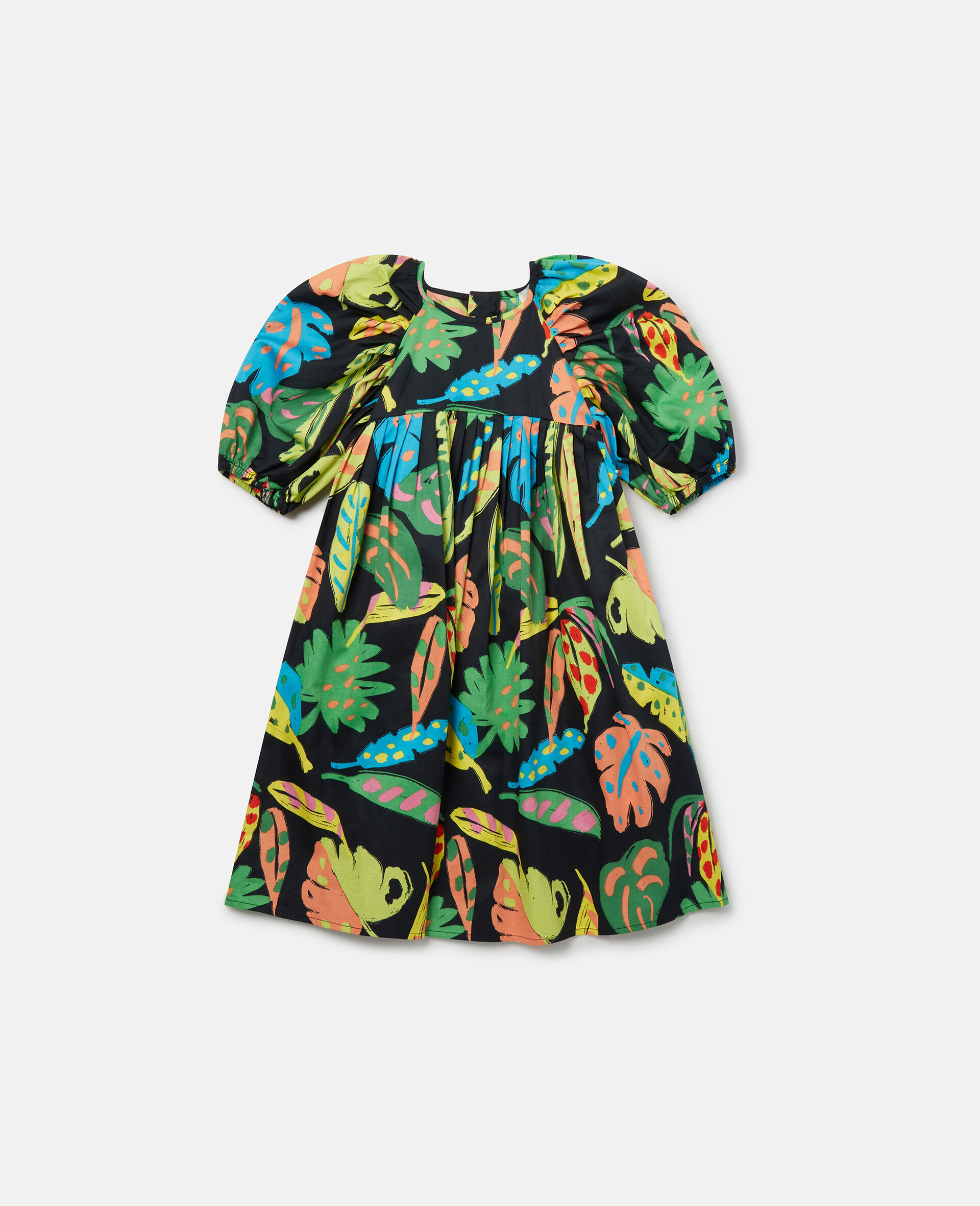 Palm Leaf Print Puff Sleeve Dress-Black-large image number 0