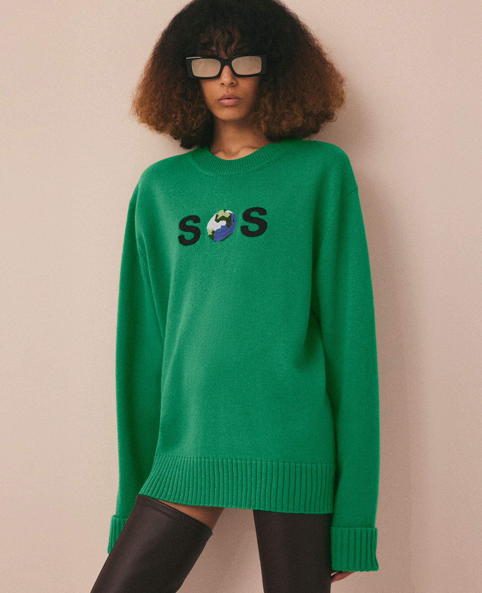 SOS Embroidered Knit Jumper-Green-model