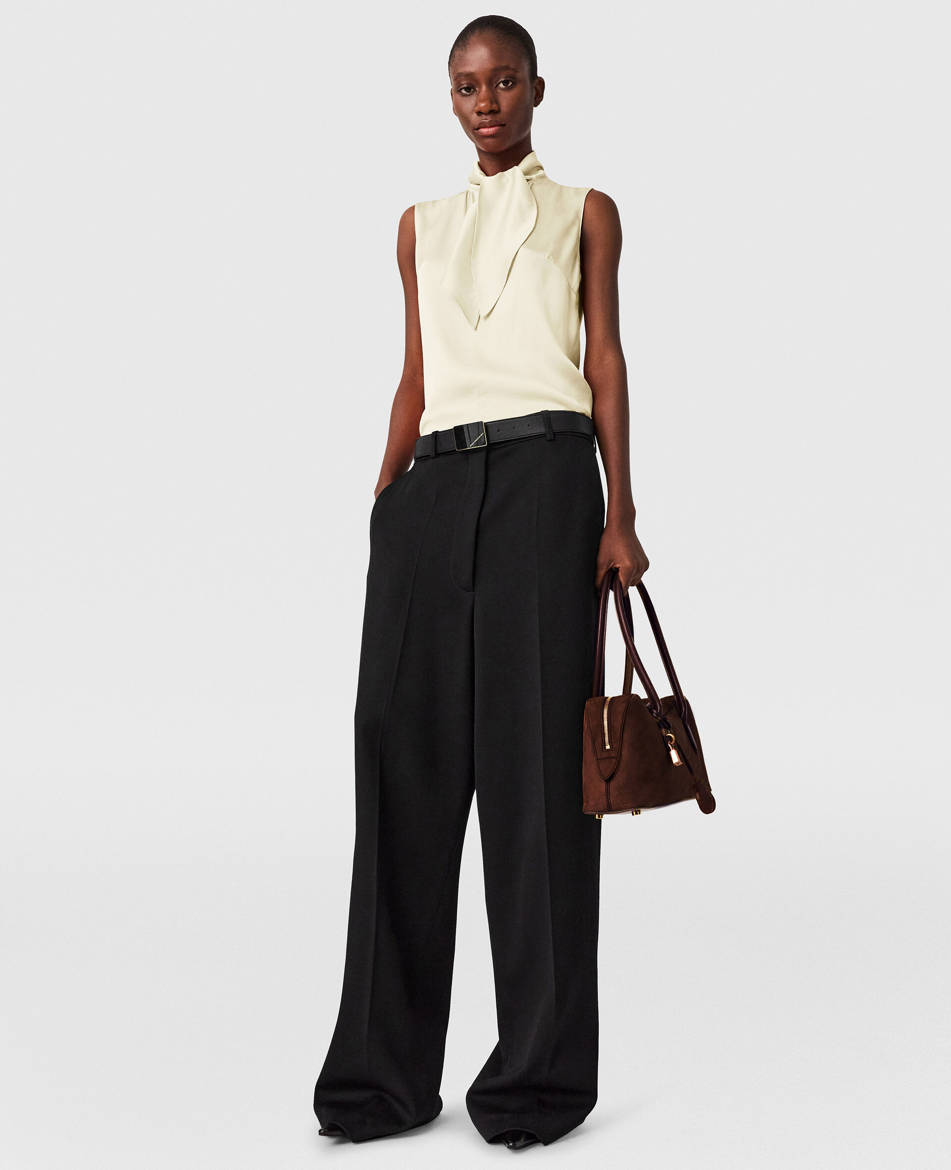 系带衣领无袖缎面上衣-黄色-large image number 4