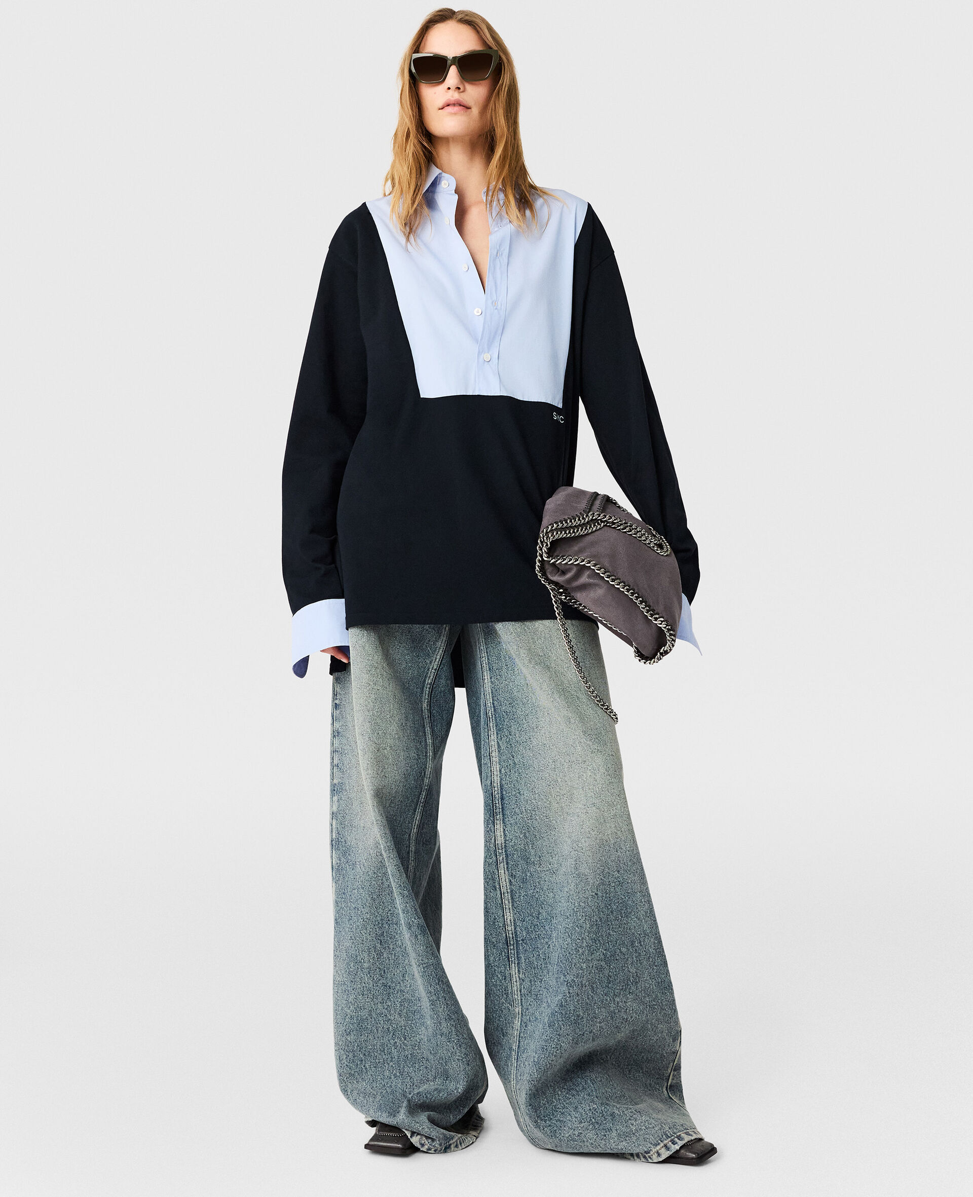 拼接设计Polo衫式精裁橄榄球衫-蓝色-large image number 4